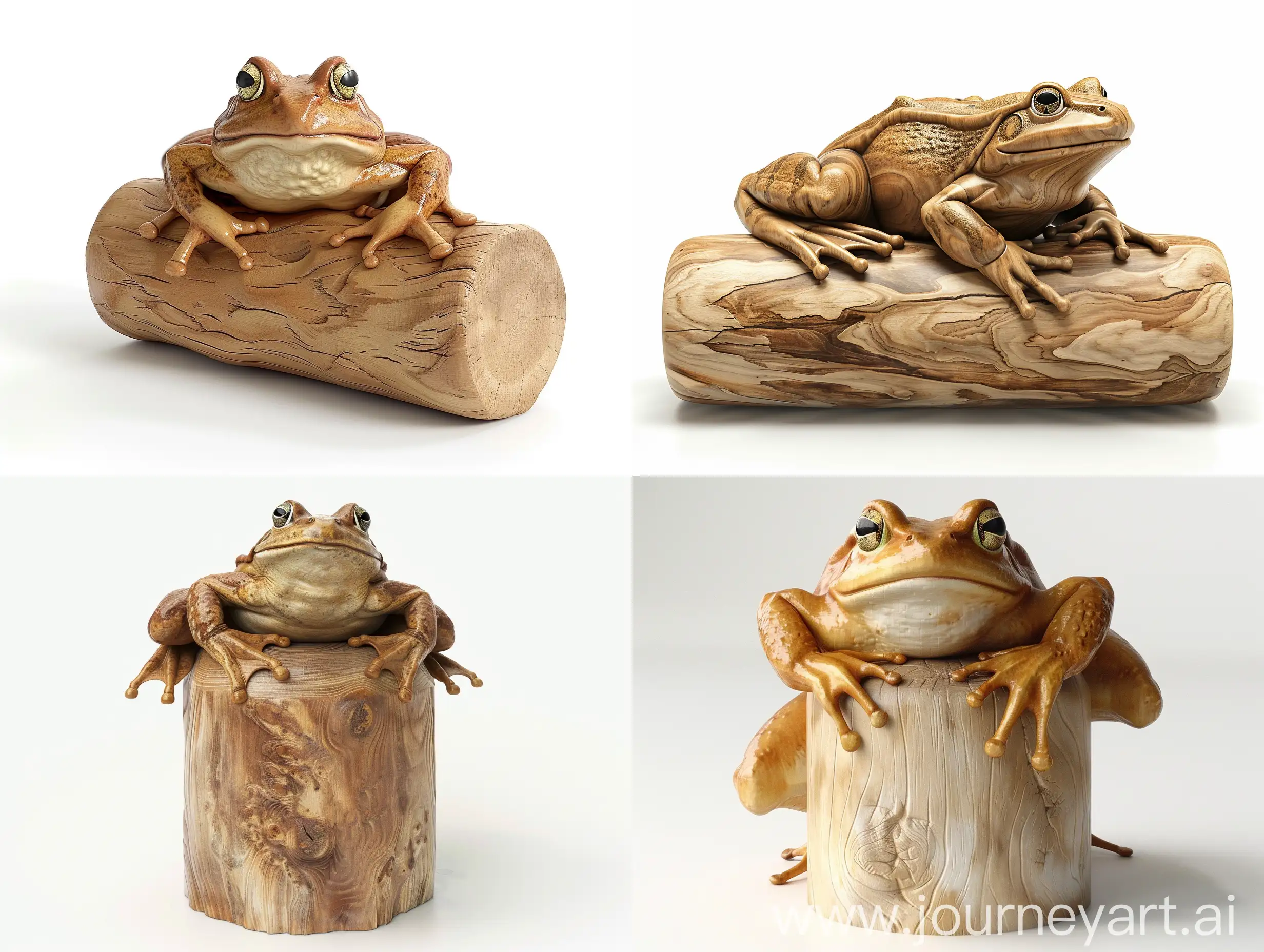 Professional sketch for wooden sculpture, a full-length a frog resting on a cylinder full-face and in profile, professional dynamic character, wood carving, white background, 8k Render, ultra realistic