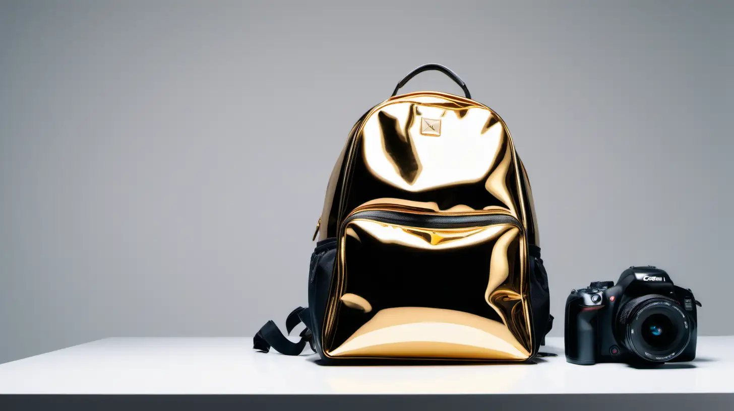 Gold chrome backpack sitting in a cool looking studio with a dslr camera for Fame in a Bag Aesthetic Company. good lighting, futuristic, modern vibe