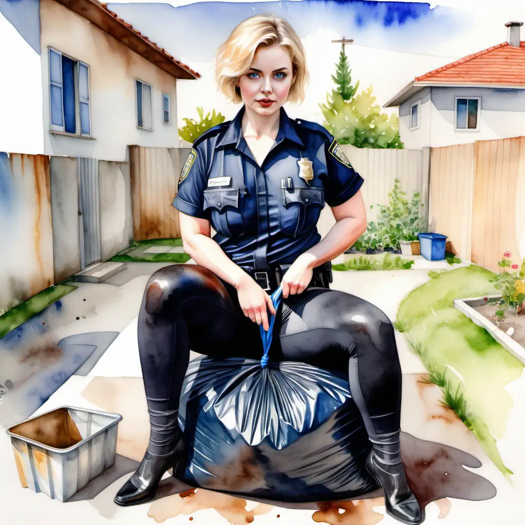 Sexy curvy blonde woman, short hair, blue eyes, police officer dressed in black, leggings fitted and sitting on top of a small garbage bag and tying it with an elastic band in the backyard of a residence Watercolor