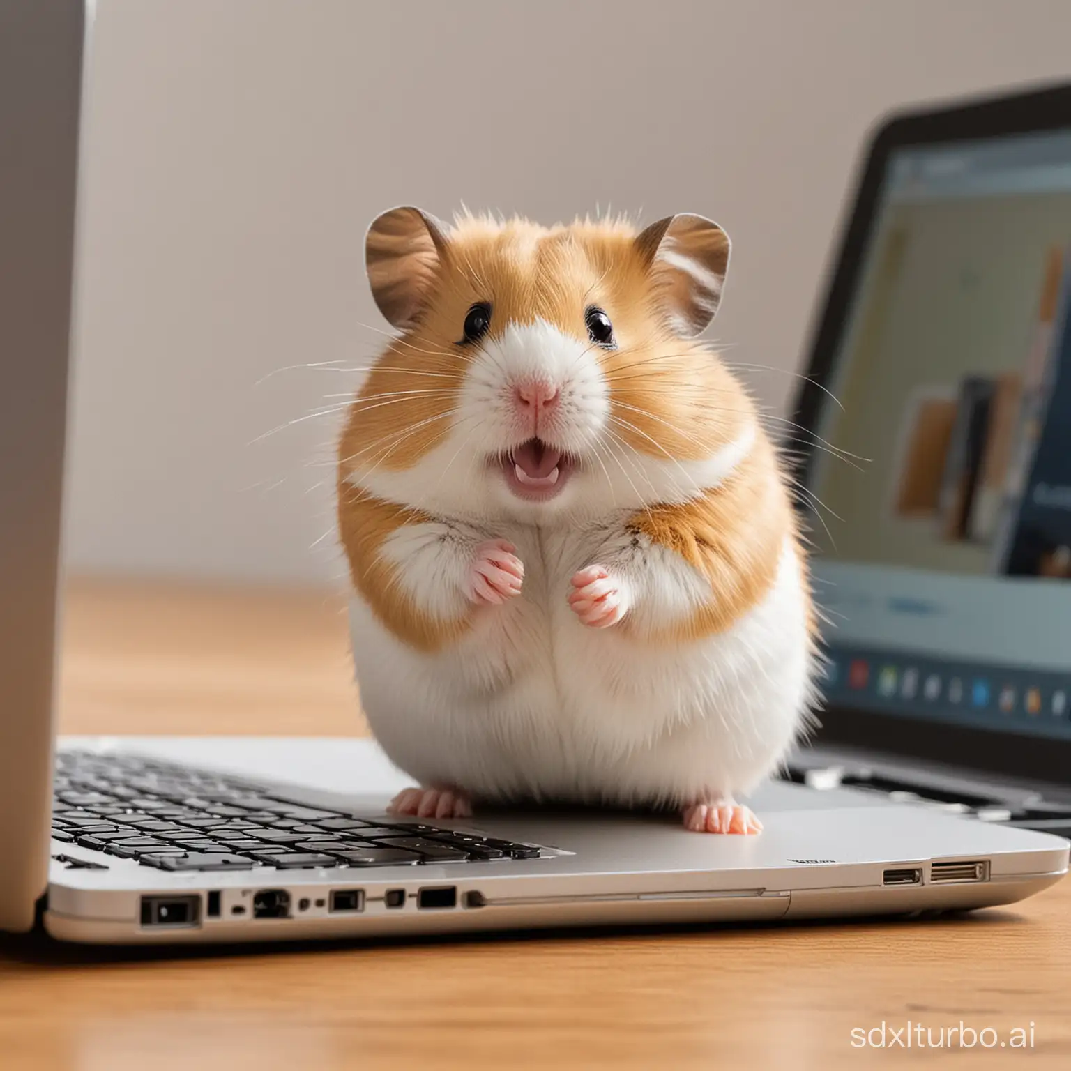 Photo of a hamster using laptop very happy with the work life balance