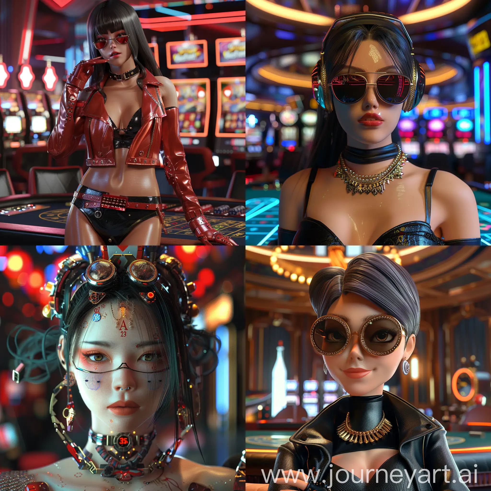 3D beautiful female cyberpunk character with casino theme