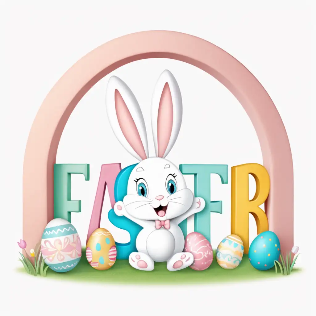 Happy Easter, arched pastel letters, cartoon,bunny,white background 
