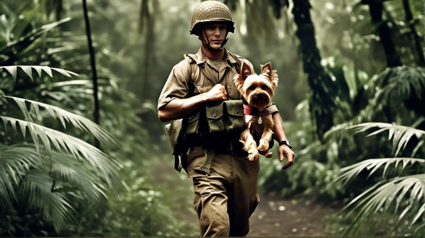 a real life picture image of an american world war two soldier walking in the jungle holding a happy, small yorkshire terrior in his arms