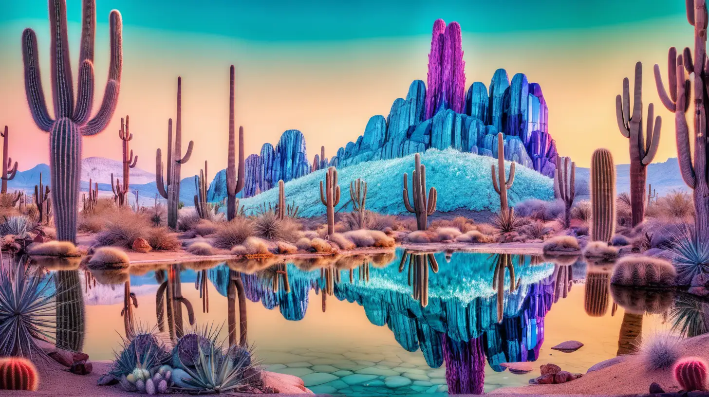 A mirrored desert scene where cacti morph into towering crystalline structures, reflecting a mesmerizing array of psychedelic hues.