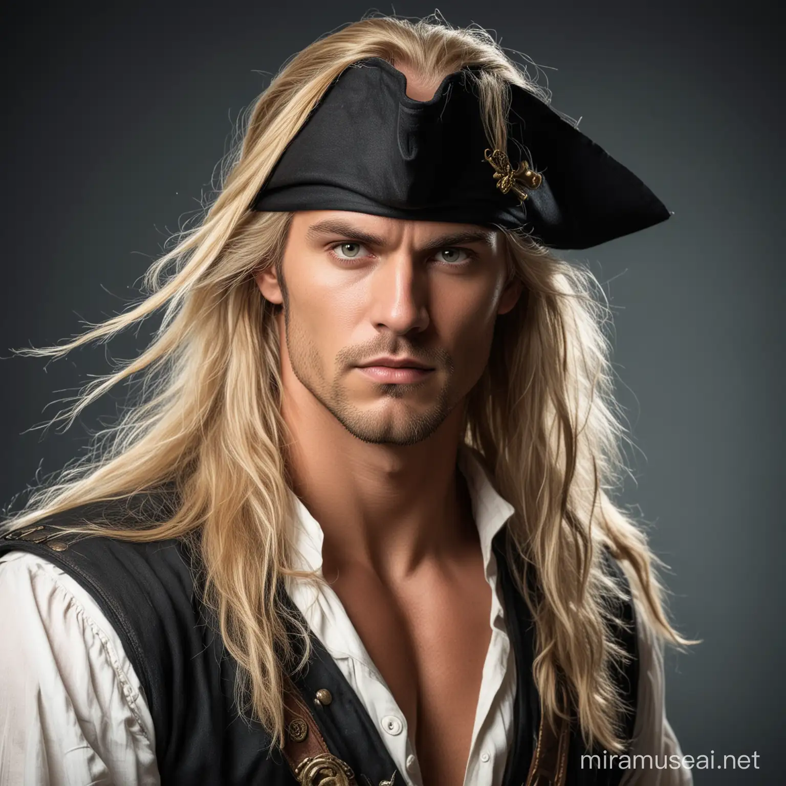 long-haired blonde male pirate, muscular, looking serious