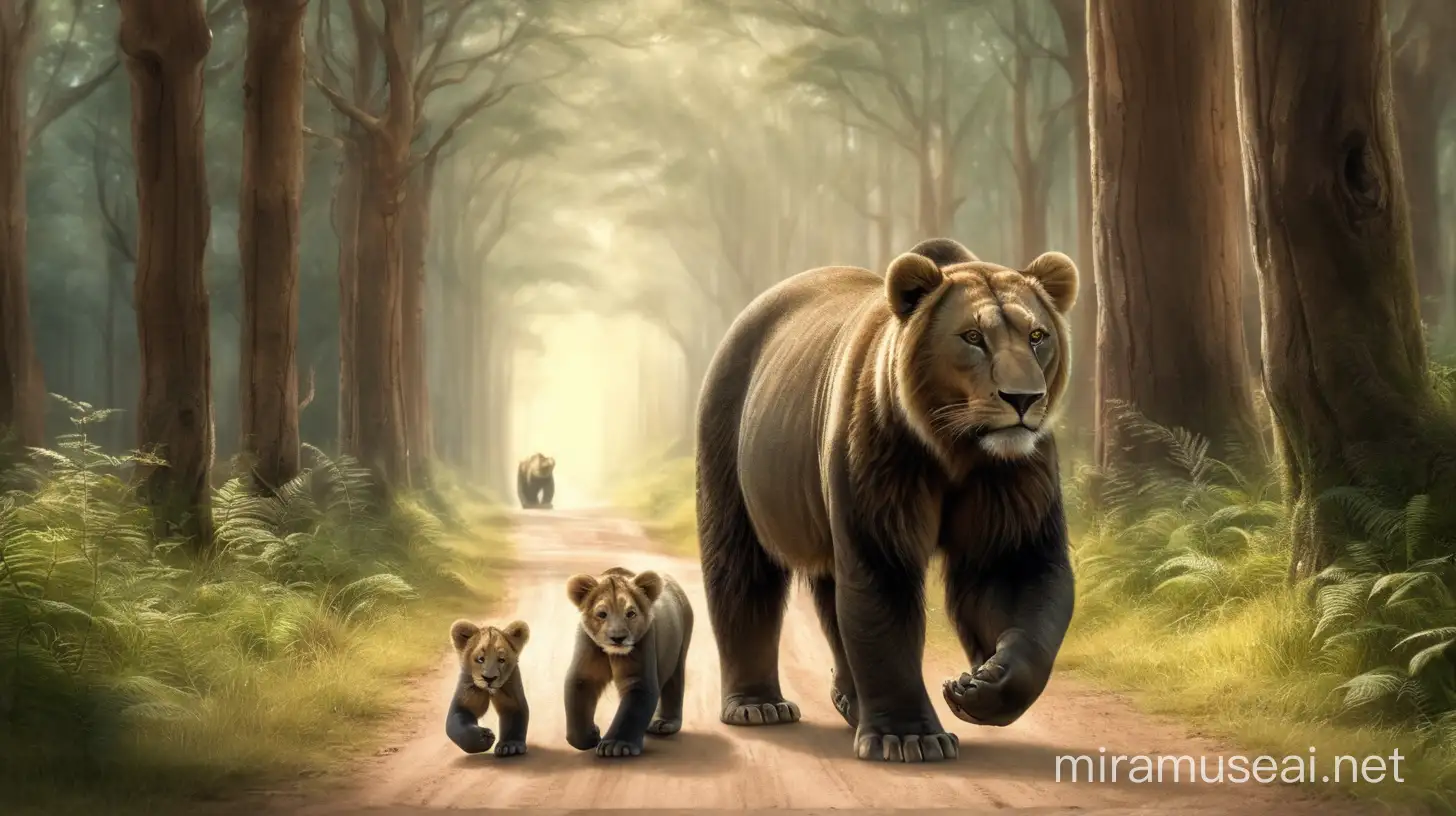 The mother and her cub were holding hands and walking through the forest, along a long road, towards their home