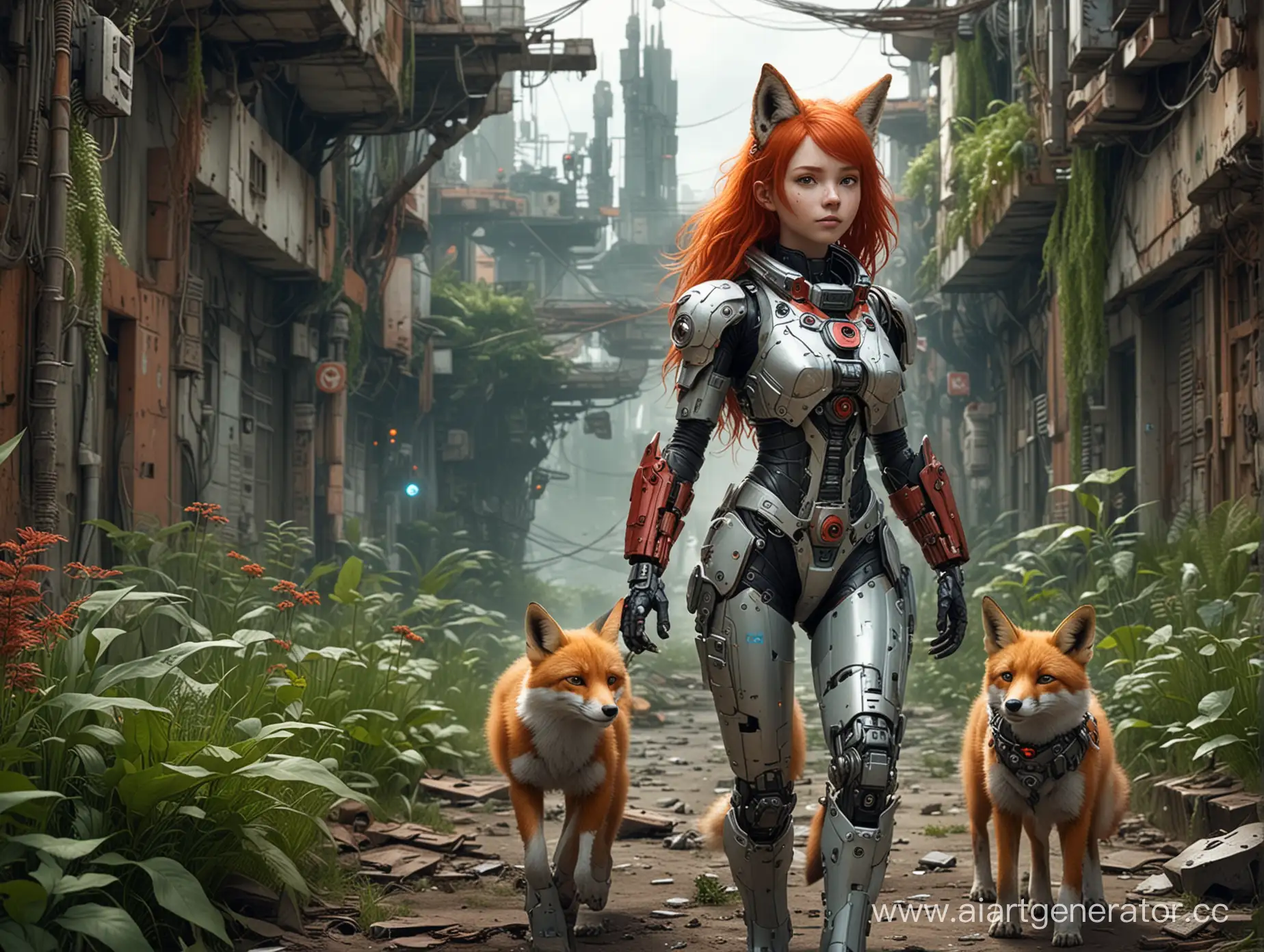 An abandoned city covered with plants. A red-haired cyborg girl with a fox pet. The fox is wearing a space suit with buttons and flaps. AND A ROBO-COLLAR.