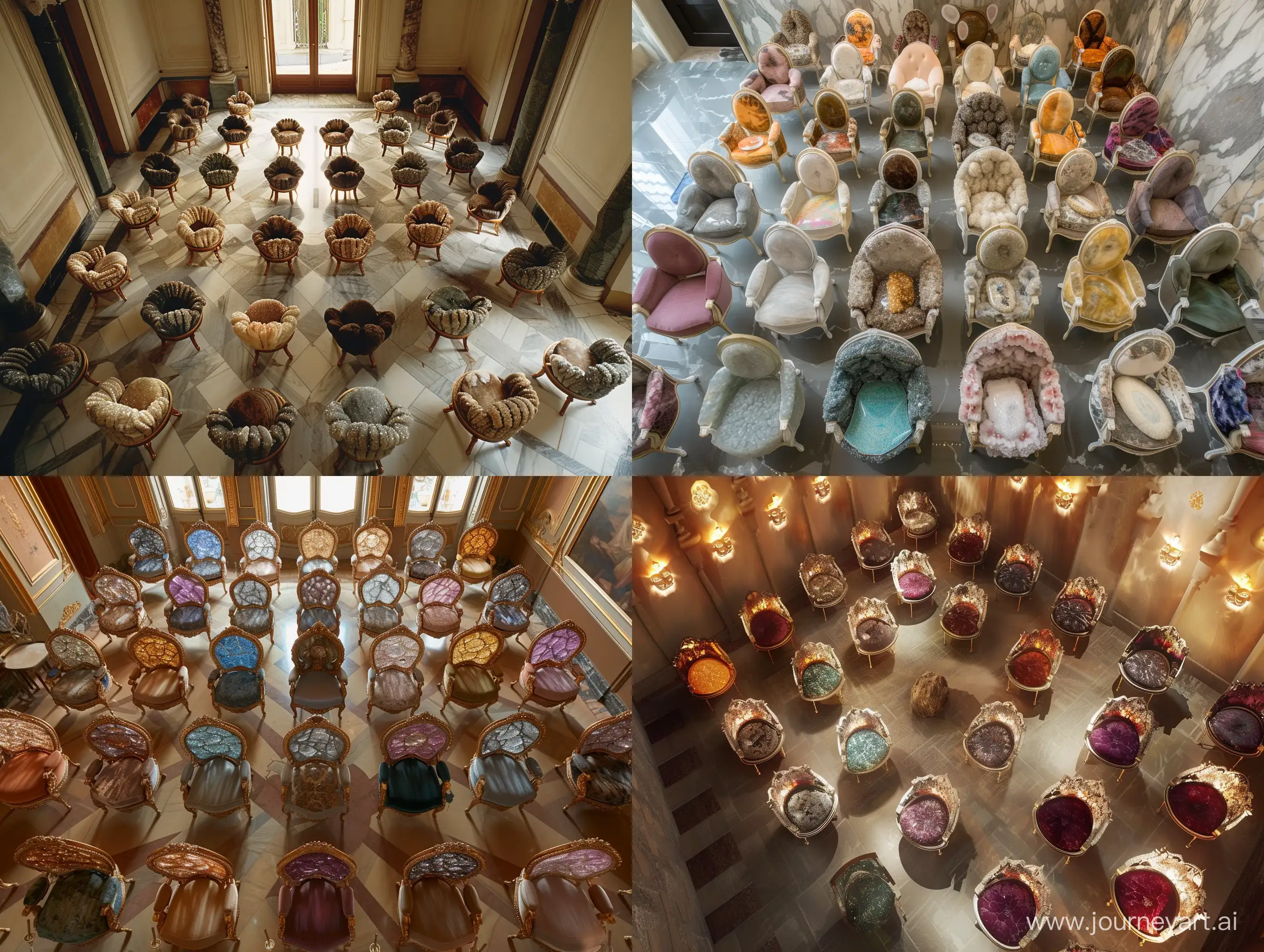 A very beautiful room with 52 very beautiful chairs, each of which is made with a very very beautiful precious stone. View from above.