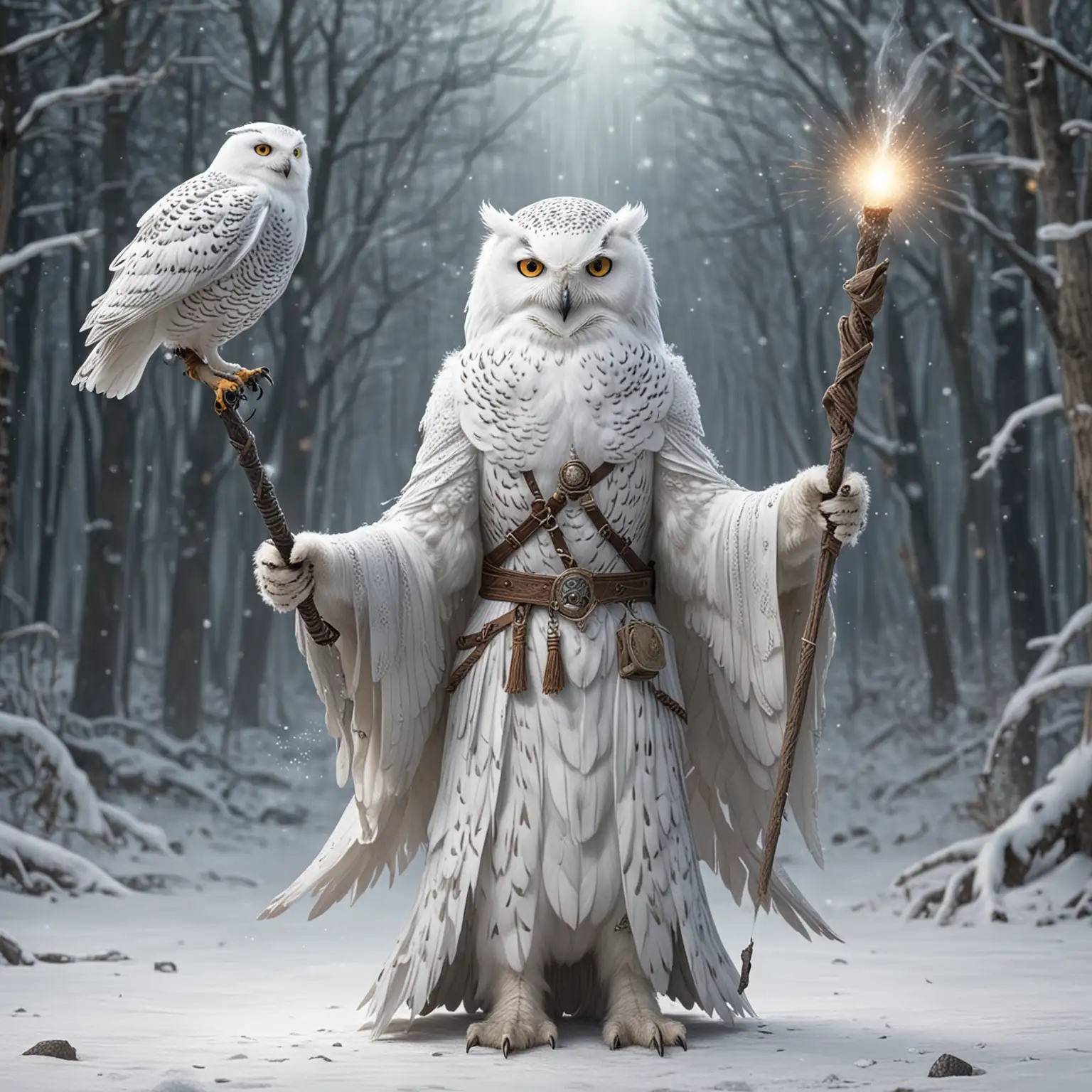 wingless anthropomorphic female snowy owl wizard, pointing a staff, producing energy blast