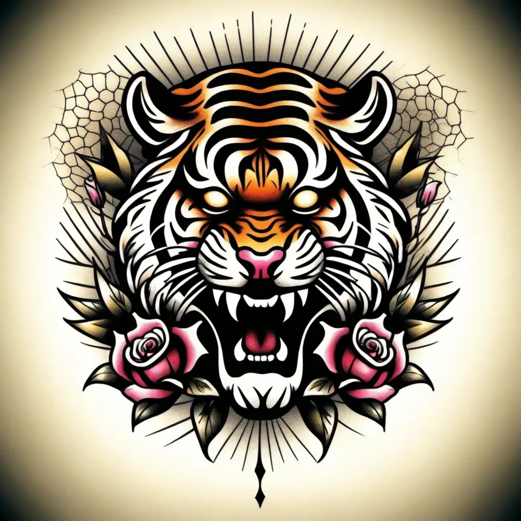 Roaring Tiger Head Tattoo Design with Old School Style and Rose