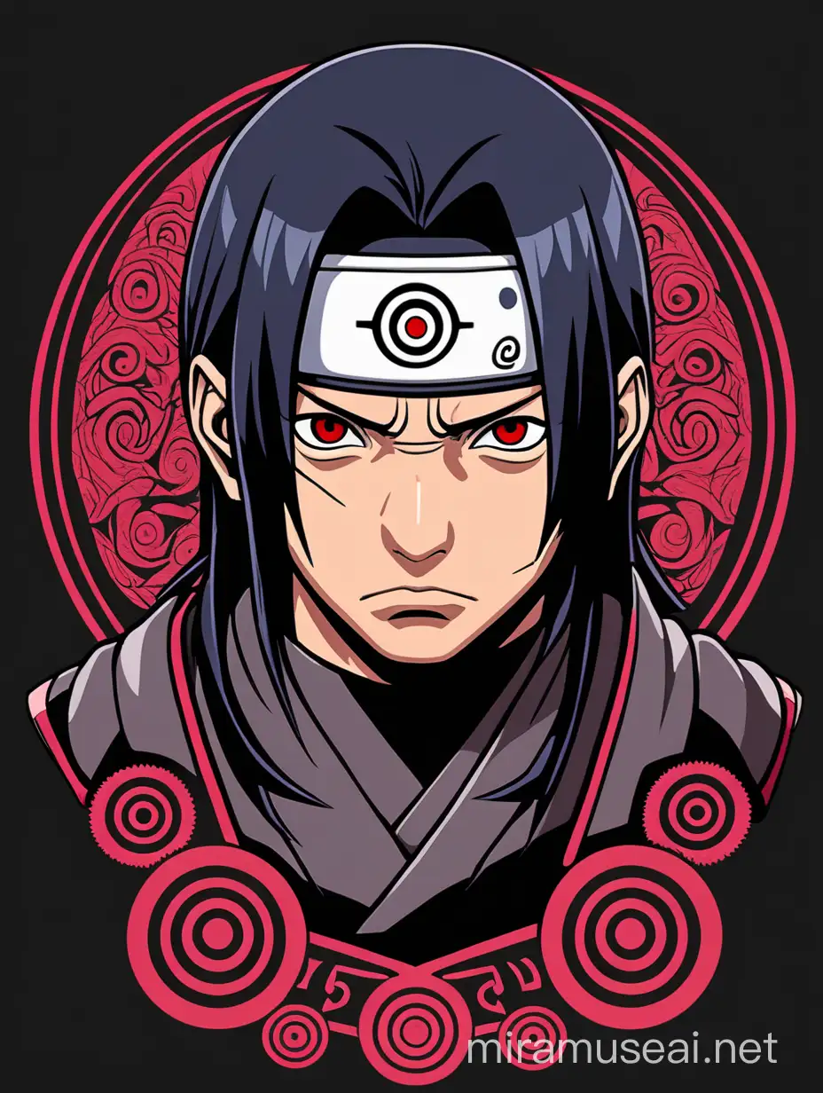A high-quality, Japanese-inspired anime t-shirt design featuring Itachi from Naruto, rendered in a detailed manga style with intricate linework, vibrant colors, and dynamic shading. The composition should emphasize Itachi's iconic Sharingan eye and stoic demeanor, accented with ninja-themed elements and a dramatic background. --s 150 --ar 1:1 --c 5