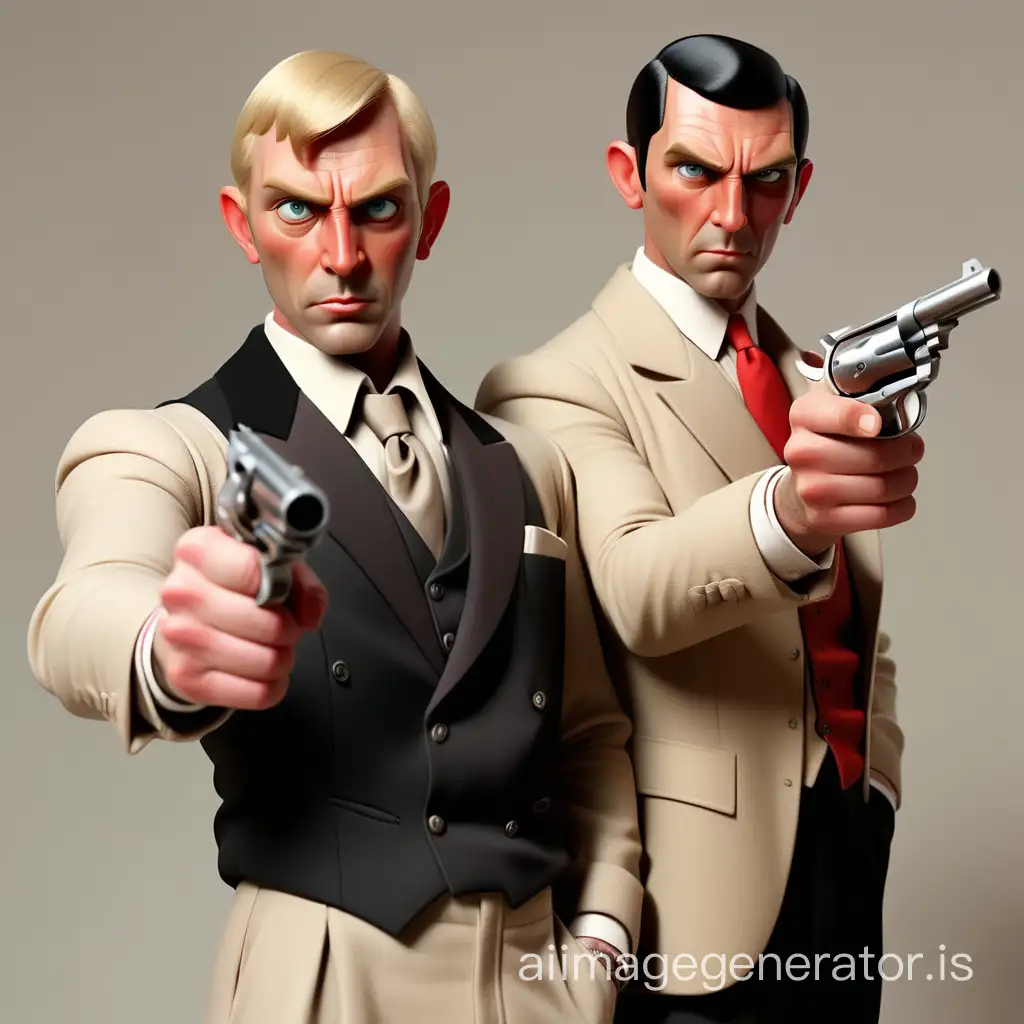2 men wear Victorian era clothes. They are 35 years old. A man with short blonde hair holds an antique six-shooter revolver with his right hand pointing up in a James Bond pose. He has no facial hair. He wears a beige suit with a red tie. The second man stands with his hands in his pockets. He does not have a gun. He has BLACK hair and wears a BLACK suit. He is taller. He is clean-shaven with an angular face. Neither man wears a hat.