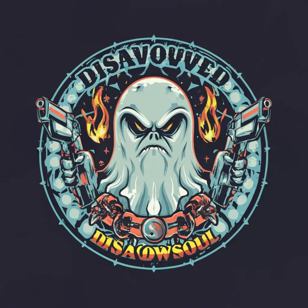 logo, A cartoonish style ghost with angry face and a bullet belt over his chest and two big guns in his hands in a dark blue circle,DISAVOWED SOUL at the bottom of the logo,synthwave,stunning environment,insanely detailed,, with the text "Disavowedsoul", typography, be used in Internet industry