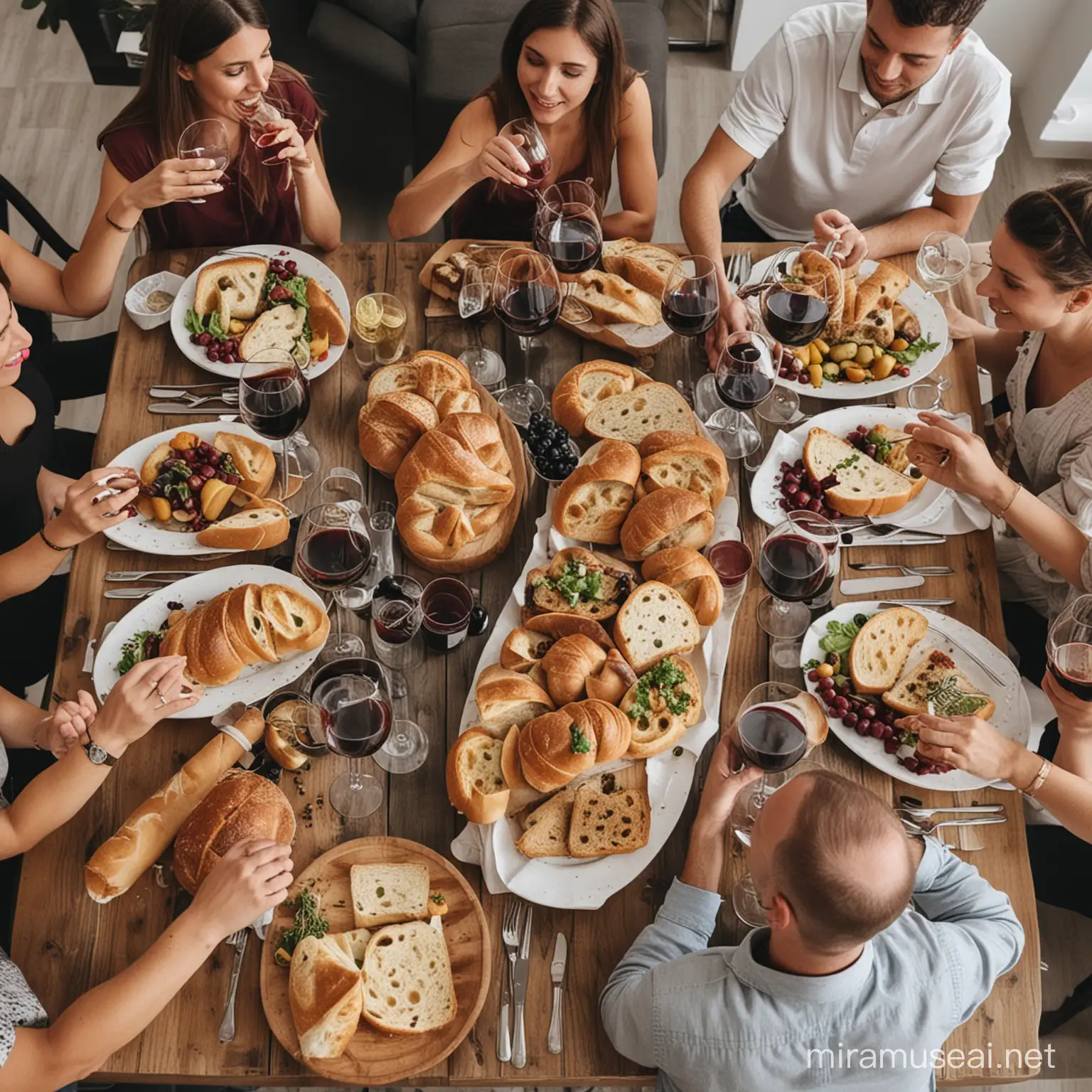 måltid med 12 mennesker der drikker vin og spiser brød