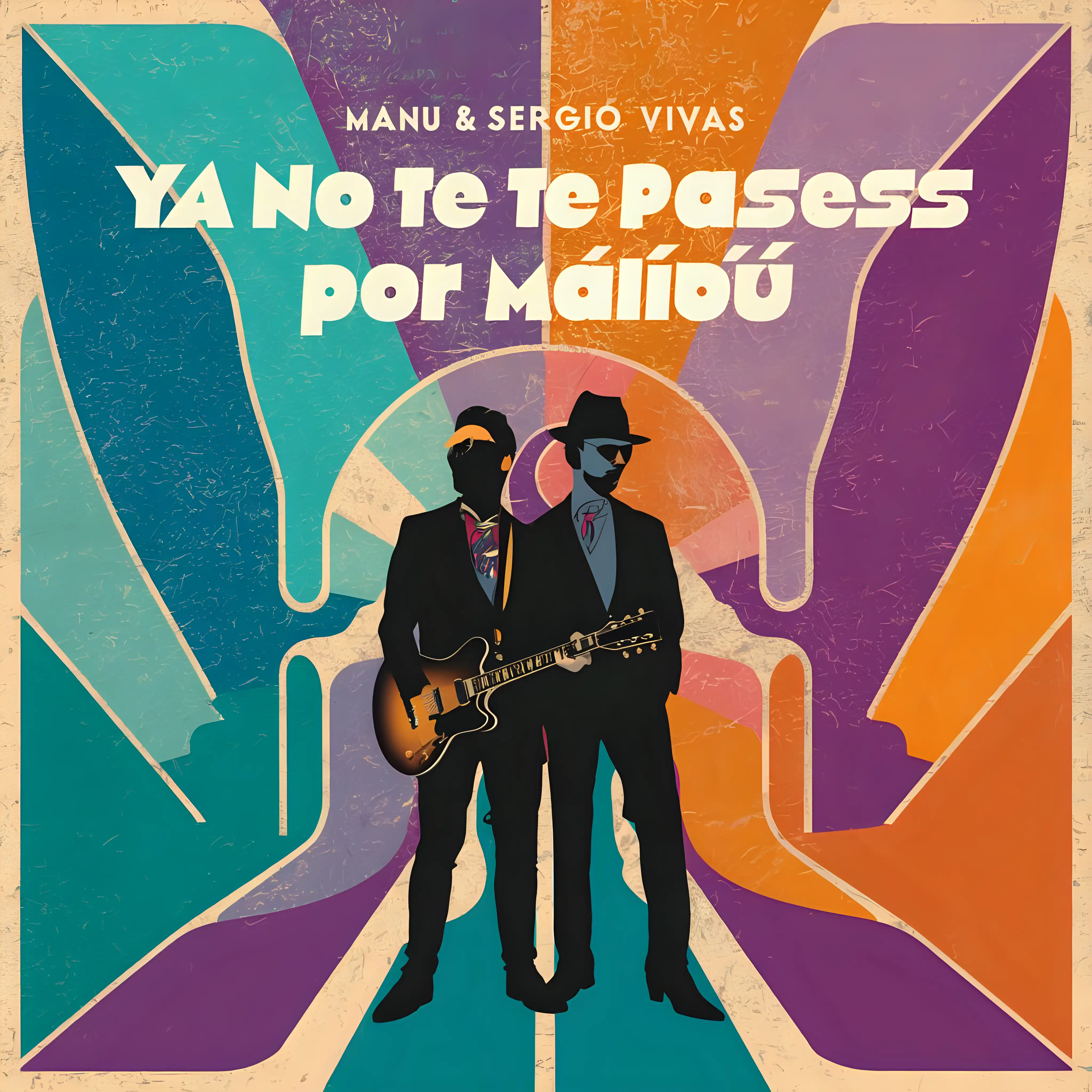Genera una portada de un single con título 'Ya no te pases por Malibú' con un estilo ecléctico. El grupo se llamar 'Manu & Sergio''VIVAS'
