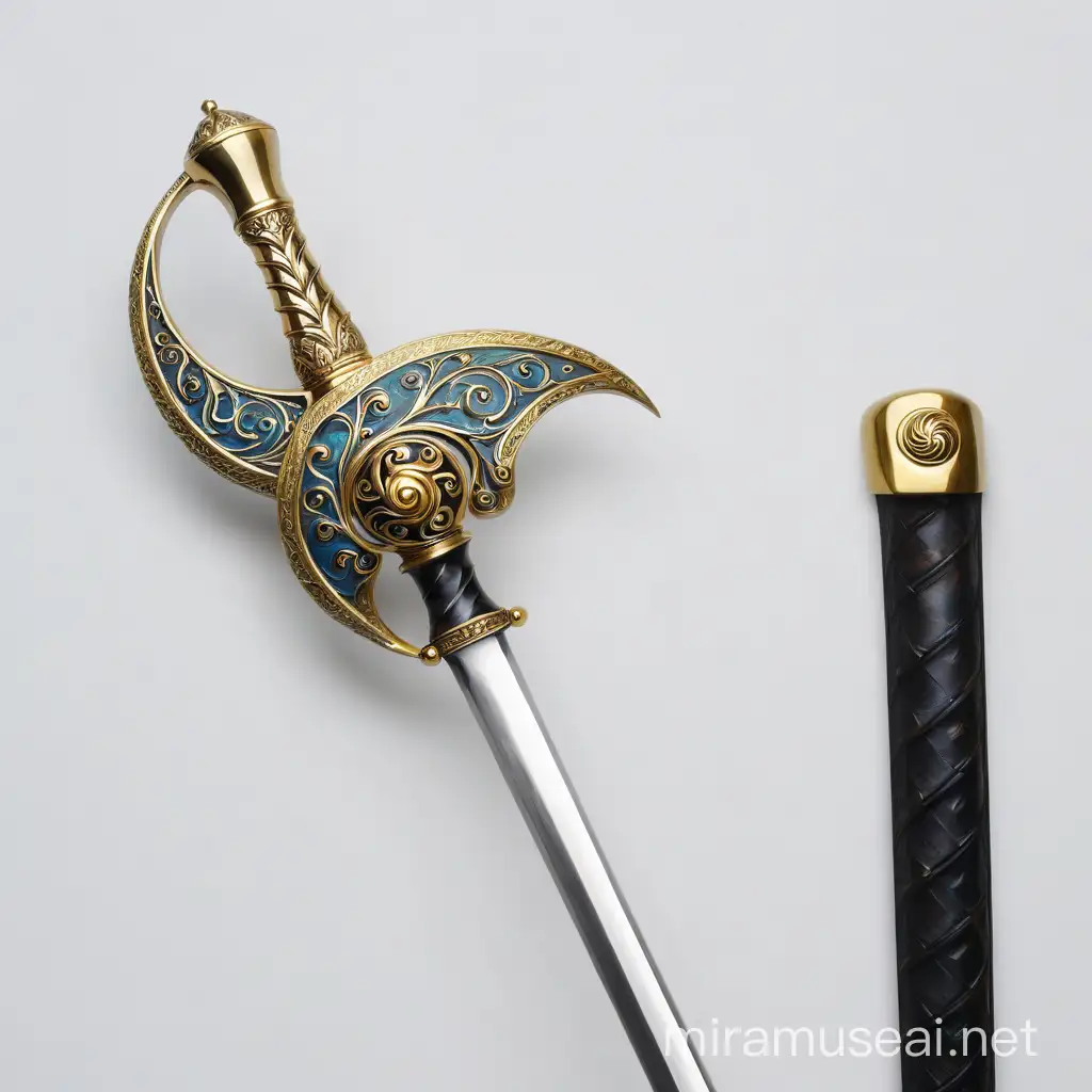 rapier, golden spiral hilt, round pommel, blank background, fantasy painting