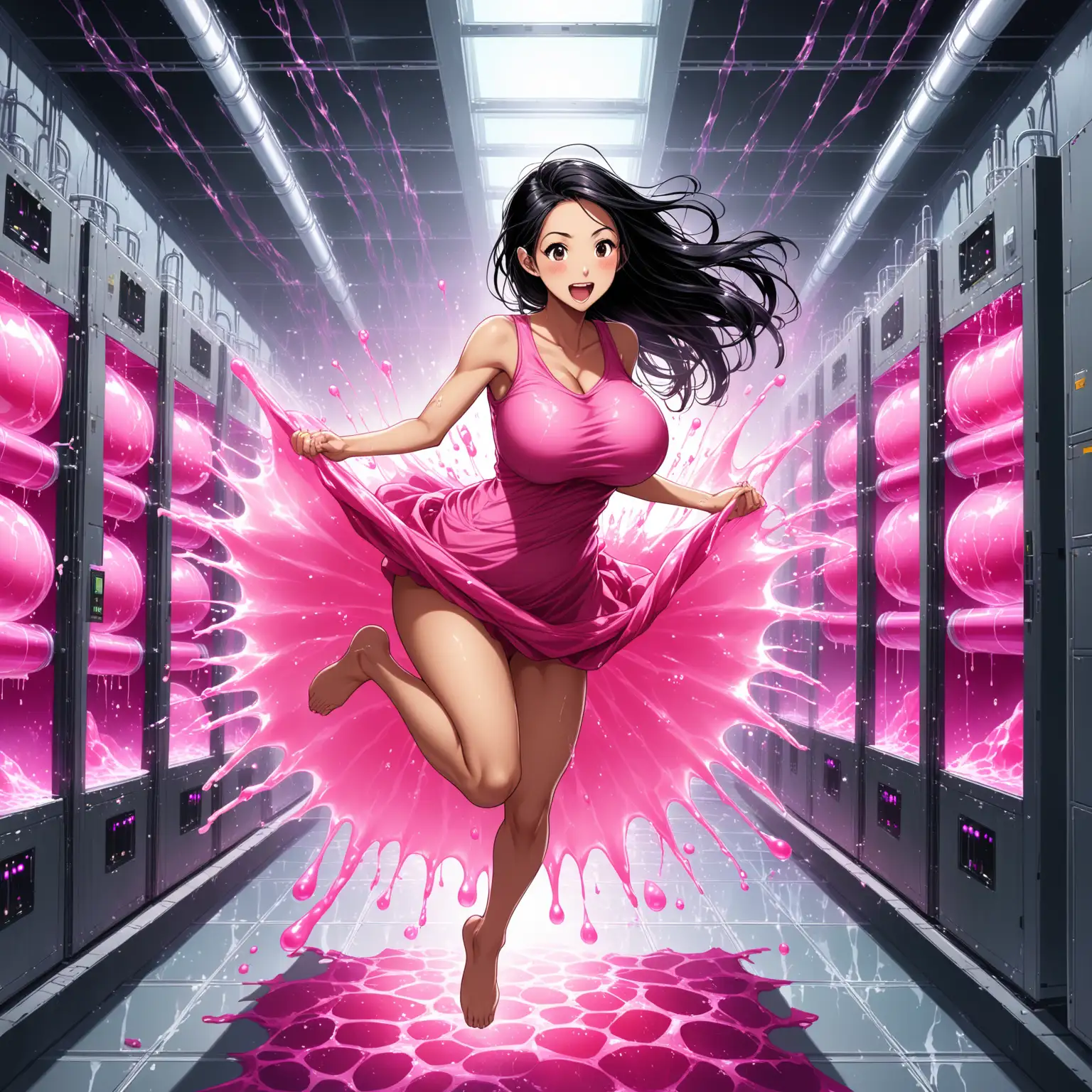 beautiful skinny indonesian woman leaning forward, huge breasts, wrapping herself in pink mutating material shirt and dress, fully dressed, long black hair half pink, happy idea, unbelievable, ecstasy, in spaceship laboratory storage room with cracked glass tubes on the wall, pink goo dripping, experiment chamber pool, jumping up, energetic surge transforming clothes 