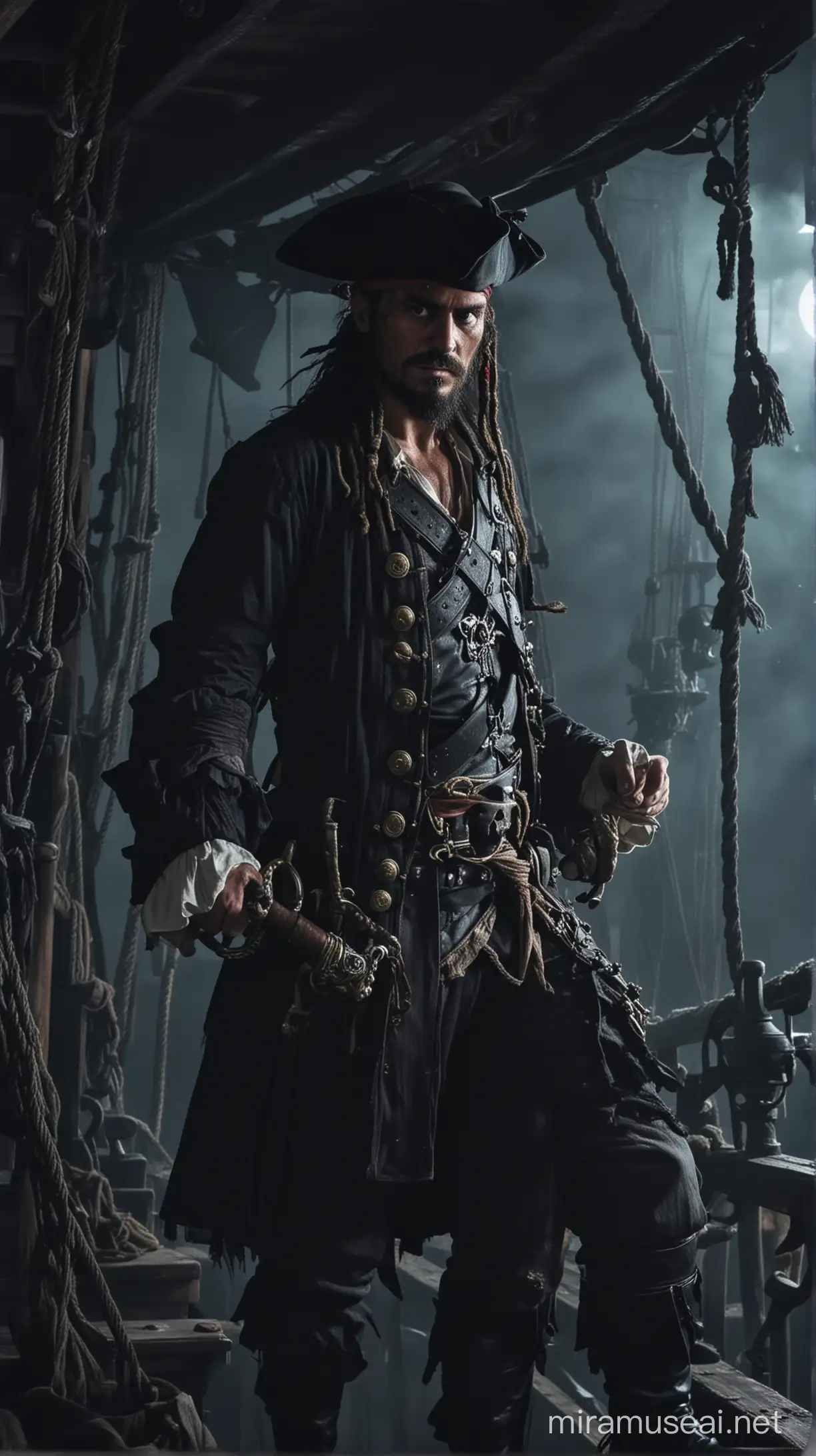 Pirate Standing on Dark Lower Deck of Ship