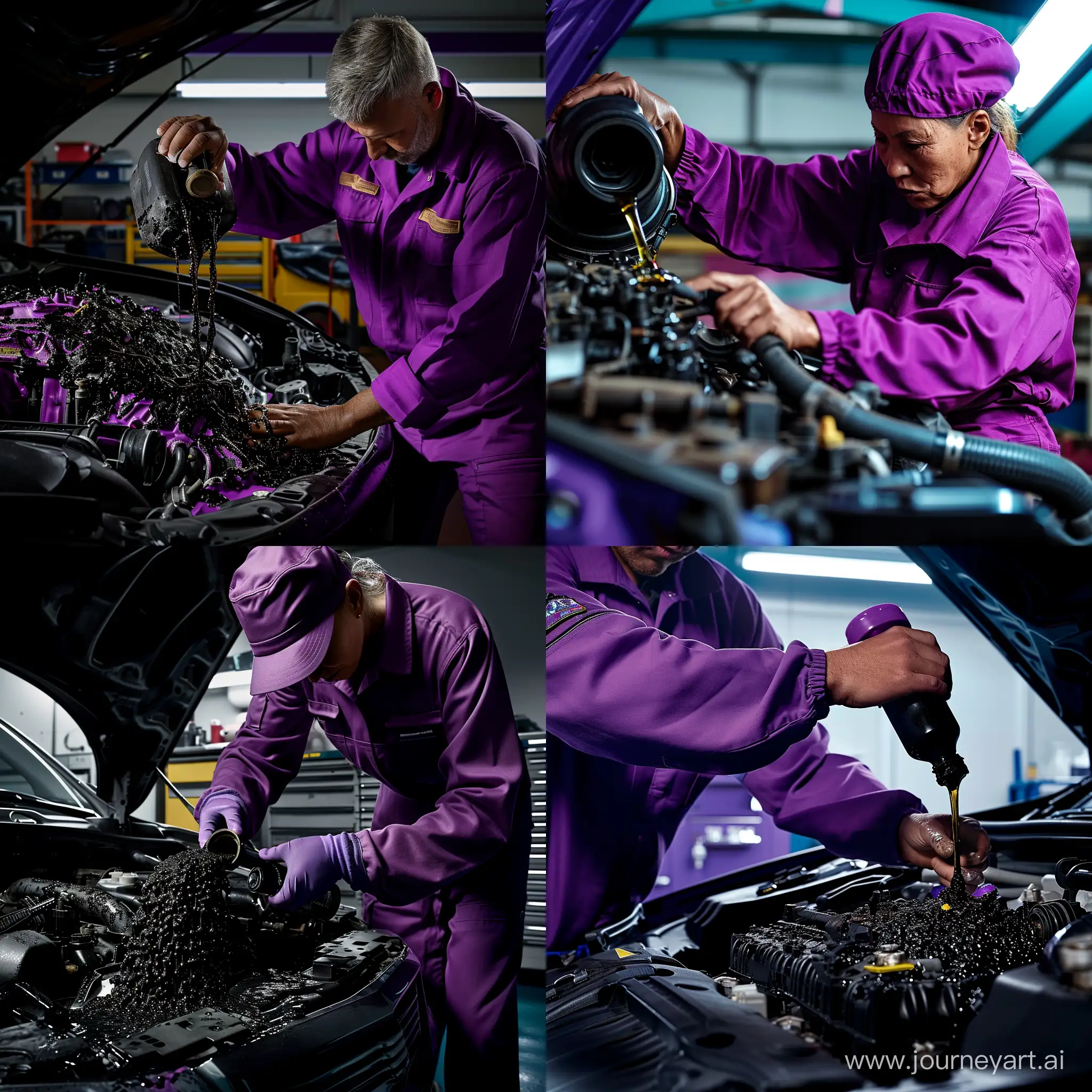 ultra realistic, a mechanic wearing a purple outfit was filling black lubrex oil into the car's engine, modern workshop, canon eos-id x mark iii dslr --v 6.0