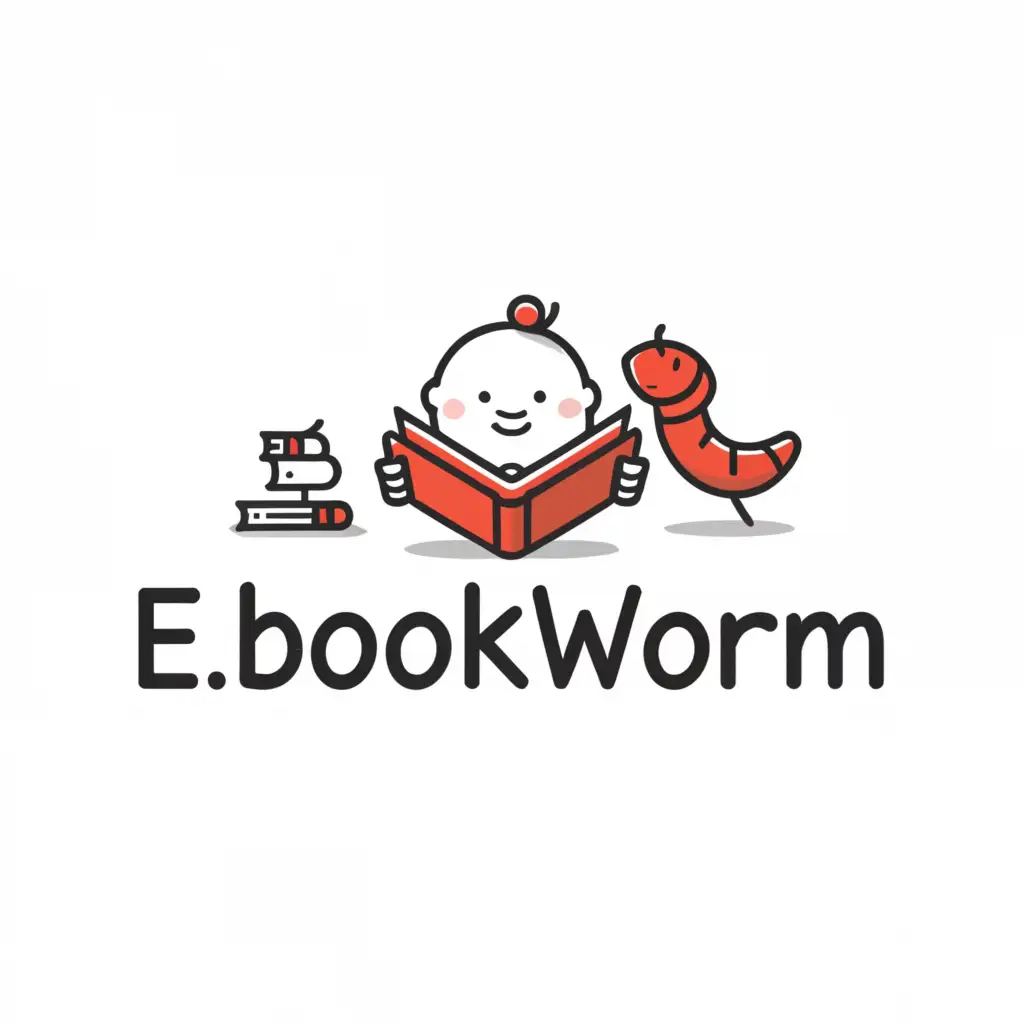 a logo design,with the text "e bookworm", main symbol:a kid reading a book with a worm,Minimalistic,clear background