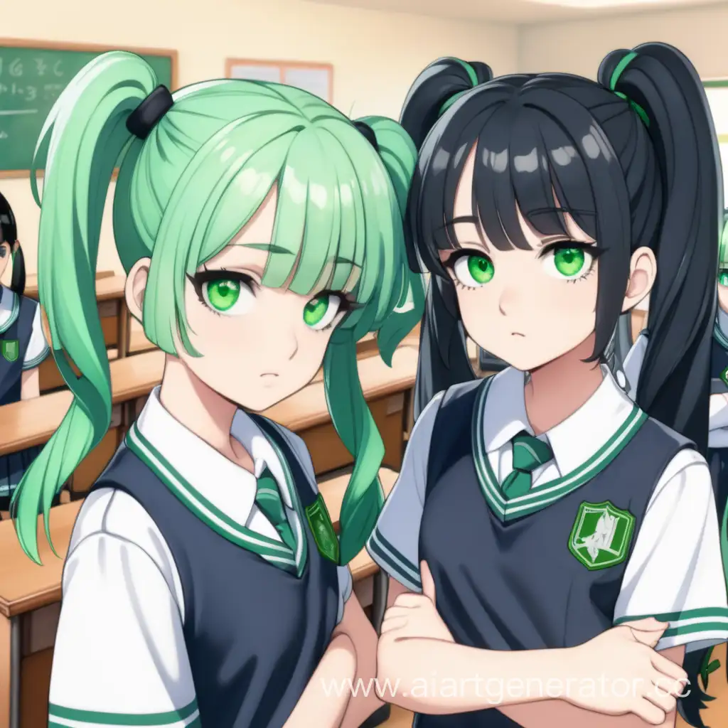 Девушка с черными короткими волосами с зелёными глазами в школьной форме стоит рядом с девочкой со светло зелеными волосами в двух хвостиках с зелёными глазами в школьной форме 