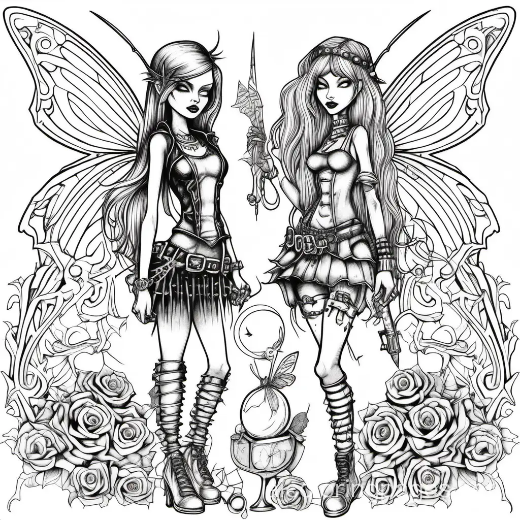 line drawing detailed adult coloring page of beautiful gothic punk rock style fairies. make the fairies male and female gothic punk rock style fairies. no color. ample white space for coloring. , Coloring Page, black and white, line art, white background, Simplicity, Ample White Space. The background of the coloring page is plain white to make it easy for young children to color within the lines. The outlines of all the subjects are easy to distinguish, making it simple for kids to color without too much difficulty