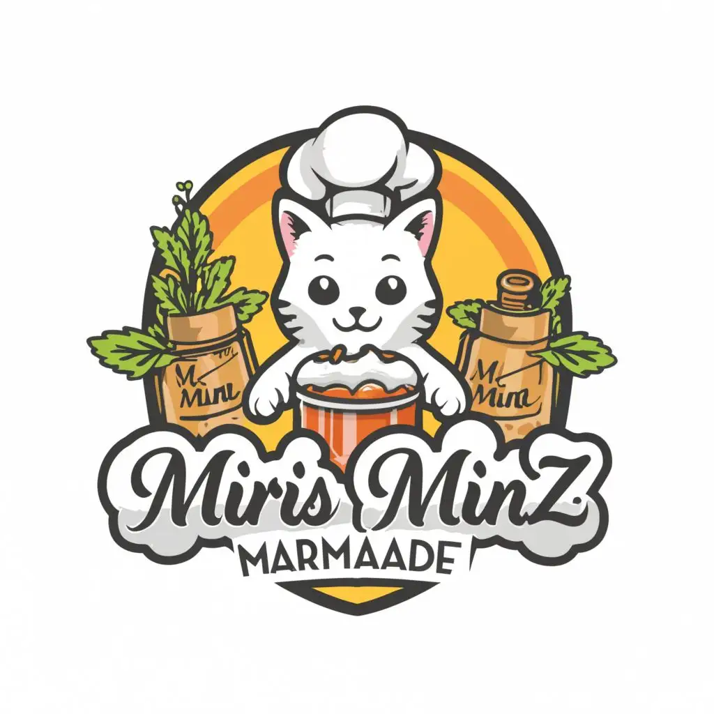 a logo design,with the text "Miris Minz Marmalade", main symbol:white cat making mint marmelade with white background,complex,be used in Restaurant industry,clear background
