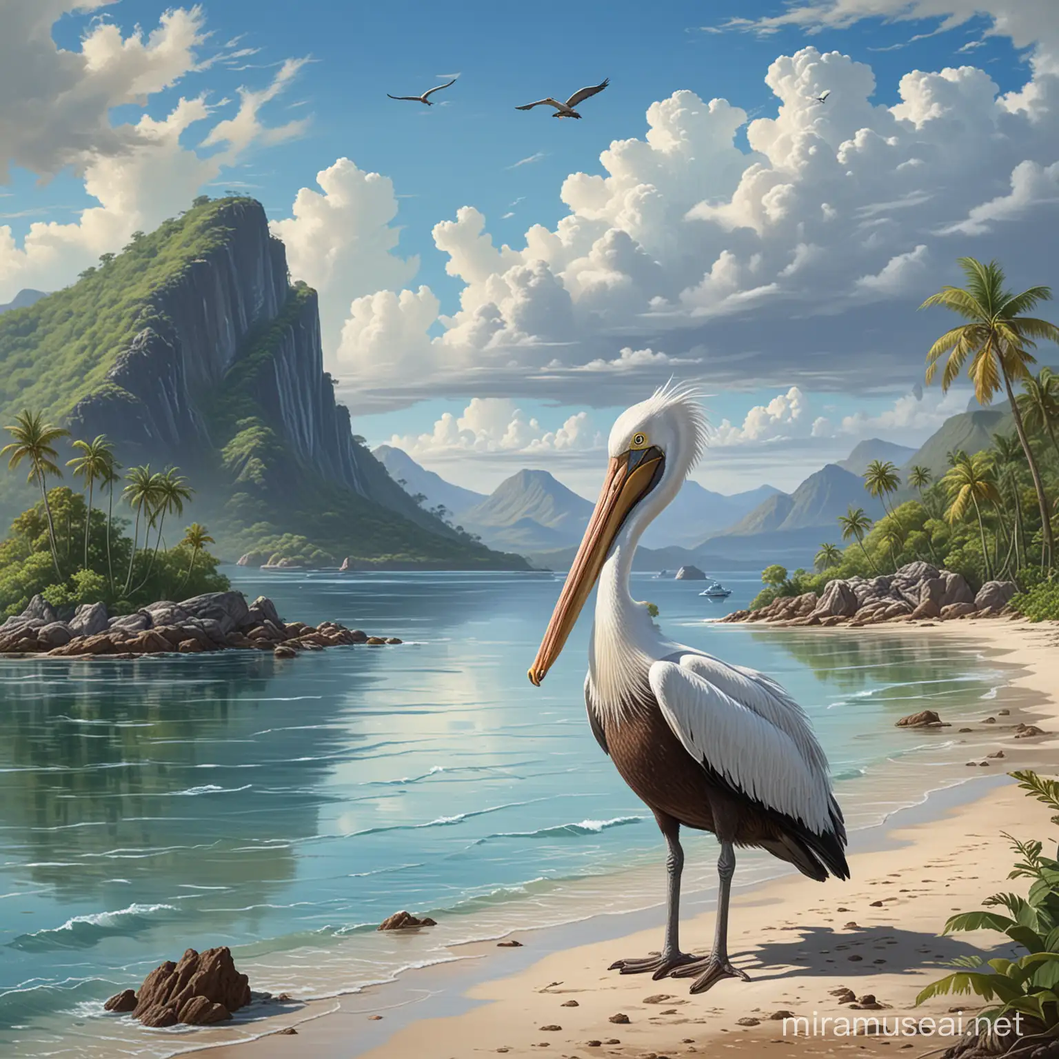 The image shows a bird with a long beak, specifically a pelican.The image shows a small island with a mountain in the background. The landscape features water, a beach, and a clear blue sky with clouds. It depicts a tropical coastal scene with a mountainous backdrop.