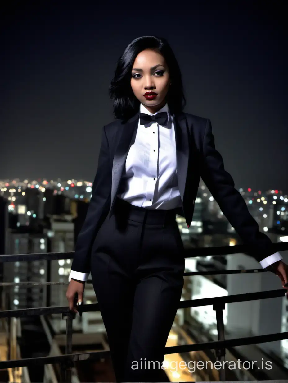It is night.  On a scaffold on the ledge of a building.   A pretty Indonesian woman with dark skin, shoulder length black hair, and lipstick, is walking straight forward, looking at the viewer.  She is wearing a tuxedo with a black jacket and black pants.  Her shirt is white with double French cuffs and a wing collar.  Her bowtie is black.   Her cufflinks are large and black.  She is wearing shiny black high heels.  She looks stern.  Her jacket is open.
