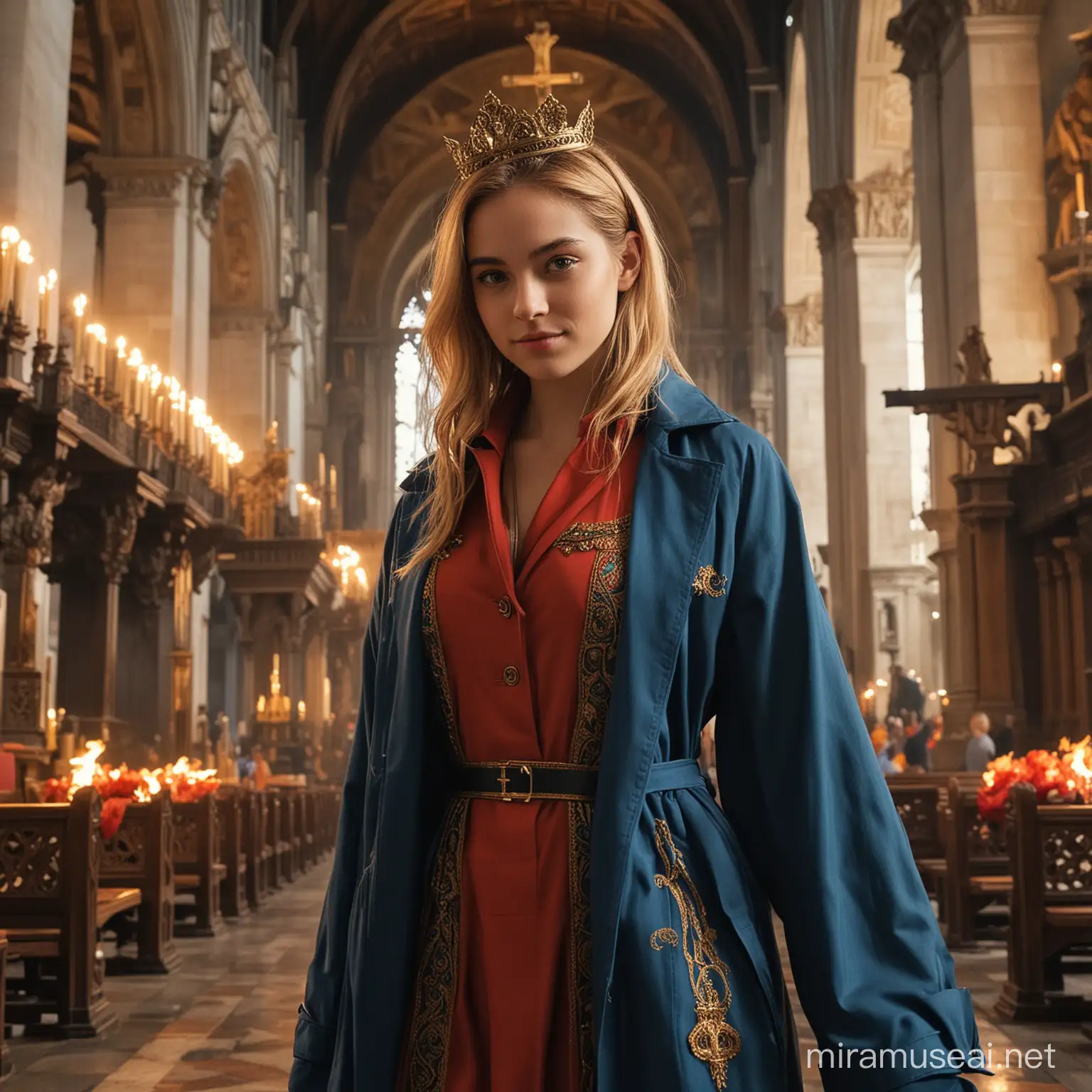 Teenage Empress in Blue Outfit Smirking at Altar in Catholic Church