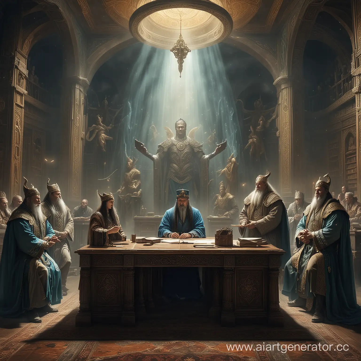 the heavenly office, the trial of the human soul, the covenant of sins, Grand Judge Kazakh in the middle, fantasy style