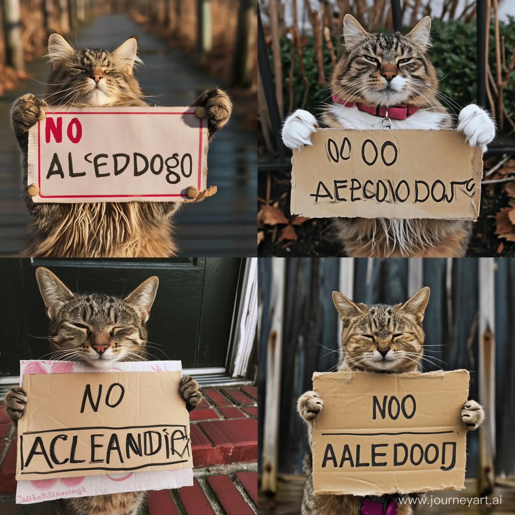 cat holding a sign saying "no dogs allowed"