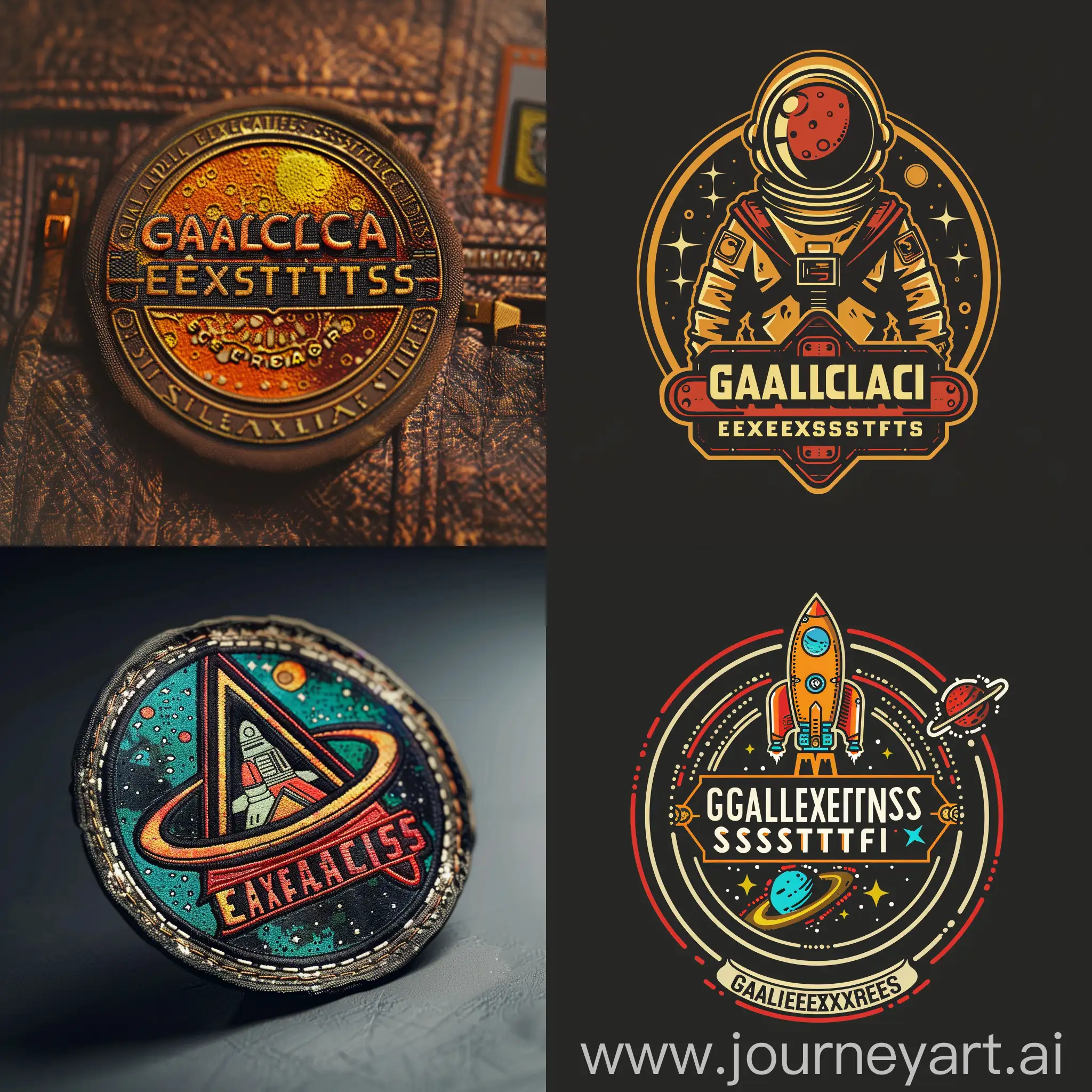 Design a logo for a fictional organization called 'Galactic Explorers Society' in the style of a 1960's Sci-Fi aesthetic. This logo will be used as a patch on the Astronaut uniforms of characters in a Live-Action Among Us movie.