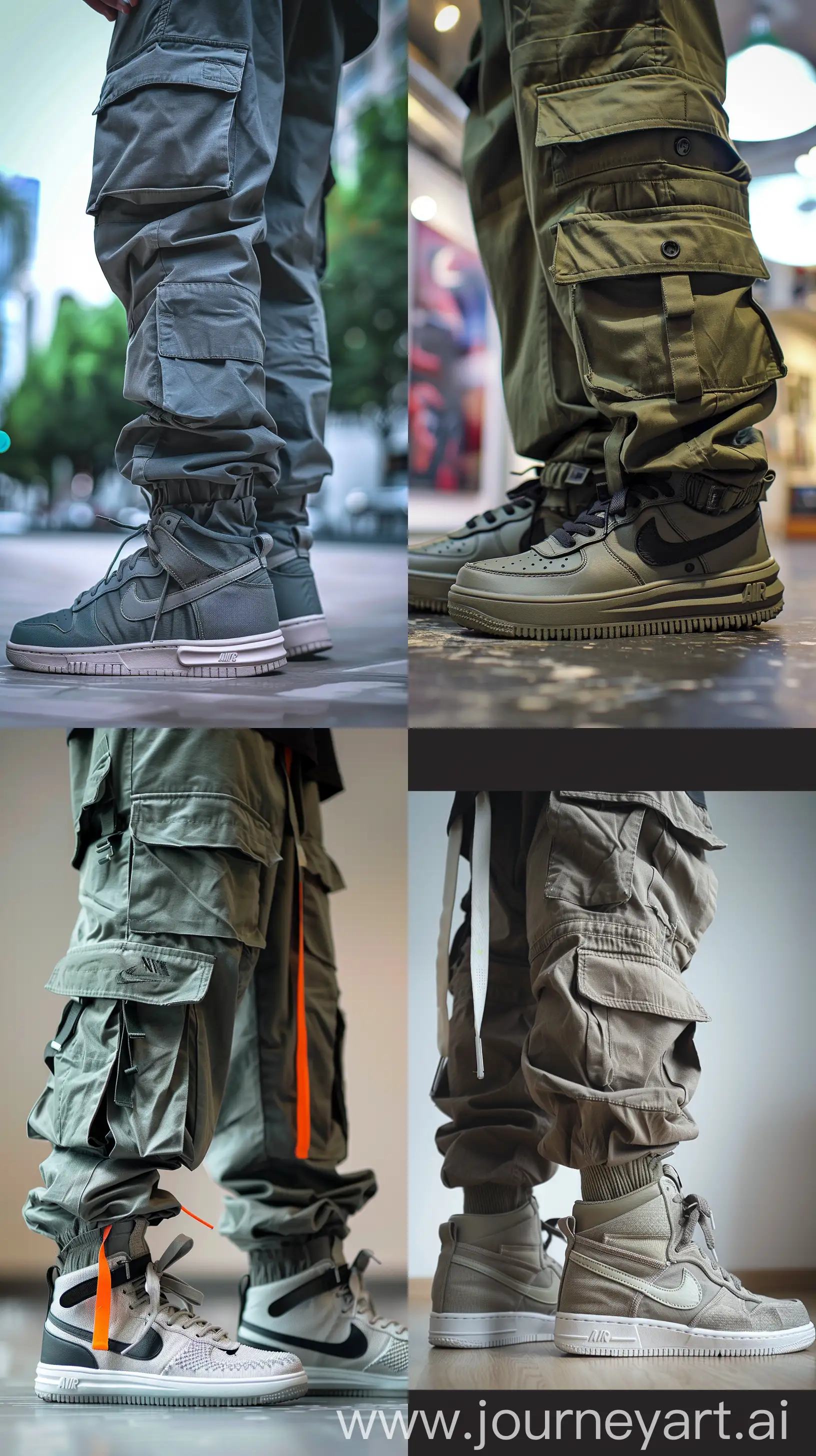 oversize cargo pants, nike blazer shoes, close up, standing on art gallery --ar 9:16