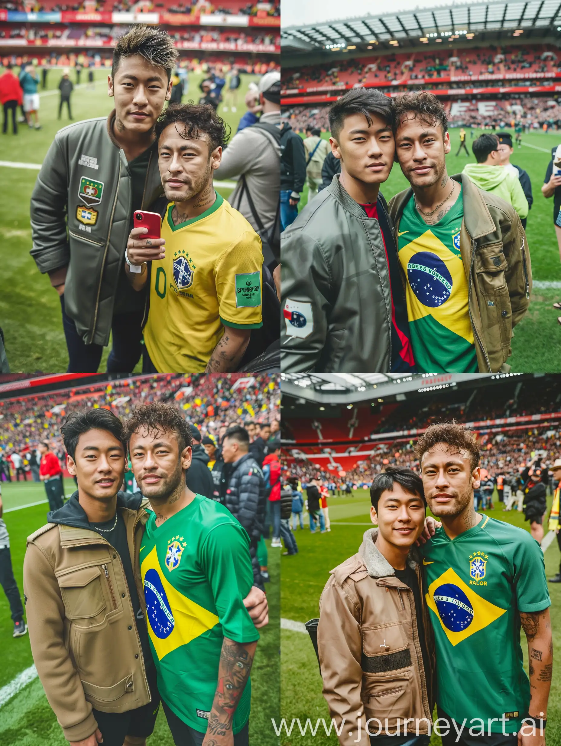 Potrait menghadap depan kekamera Seorang lelaki tamvan Korea berumur 16 tahun mengenakan jaket trucker. Lelaki itu sedang berfoto bersama seorang Neymar jr yang mengenakan jersey brazil.mereka berfoto di atas rumput lapangan stadium old Trafford banyak orang. Kualitas 8K HD. foto asli.