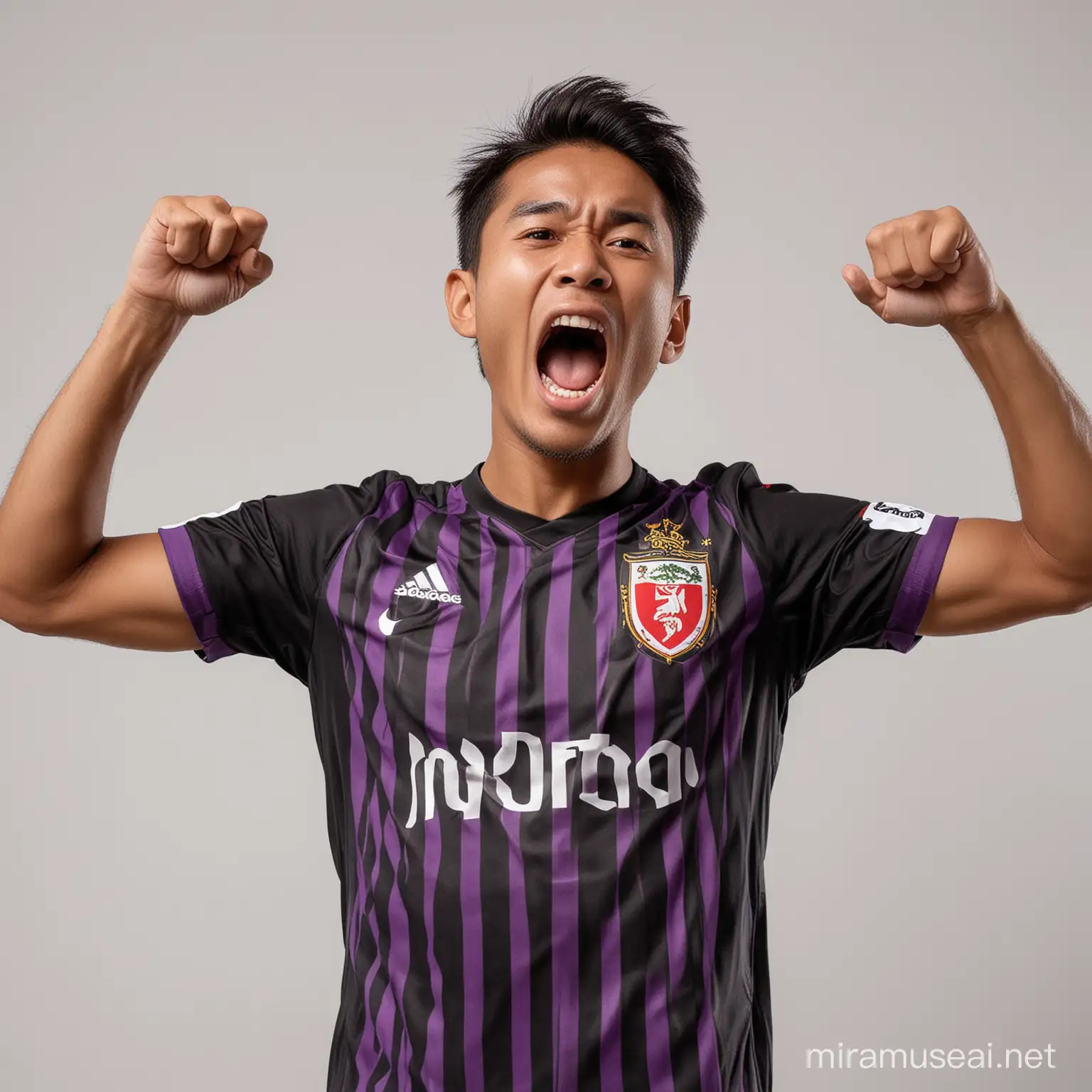 photo of a soccer player from Indonesia, wearing a black team shirt with purple stripes on the sleeves and collar, with facial gestures shouting in celebration of scoring a goal. white background