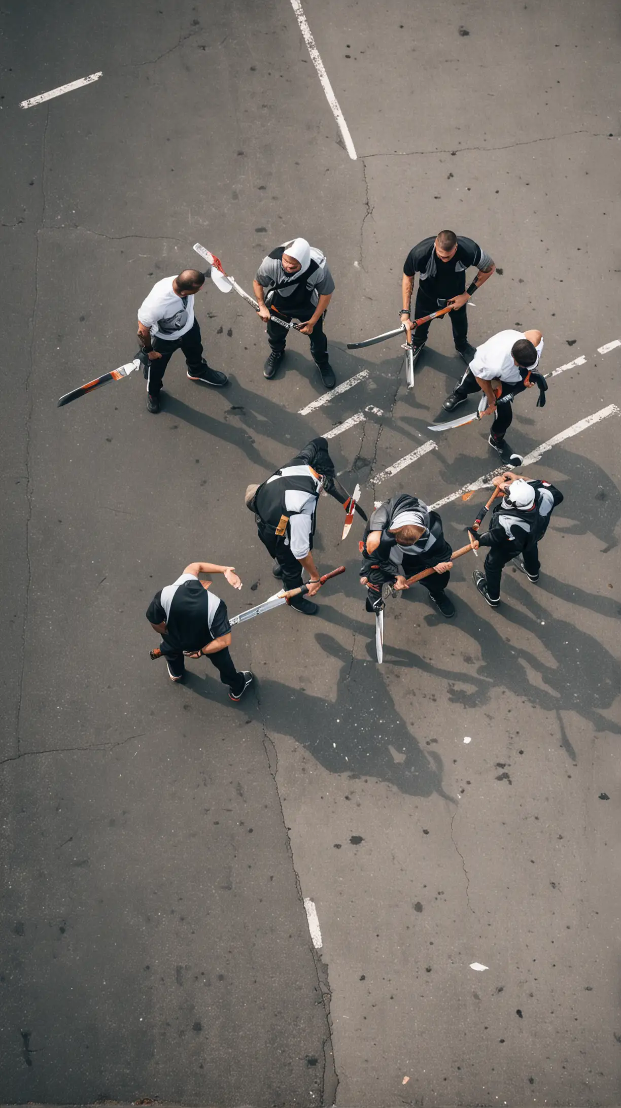 Men in Sportswear Wielding Machetes in Gloomy Daytime Setting