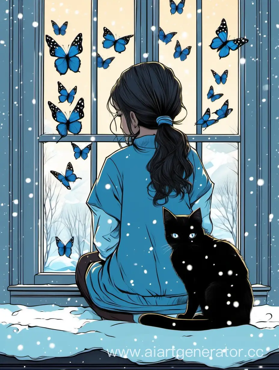 девушка сидит спиной, смотрит в окно, за окном снег, рядом лежит чёрный кот, летают синие бабочки, девушка о чём-то думает 
