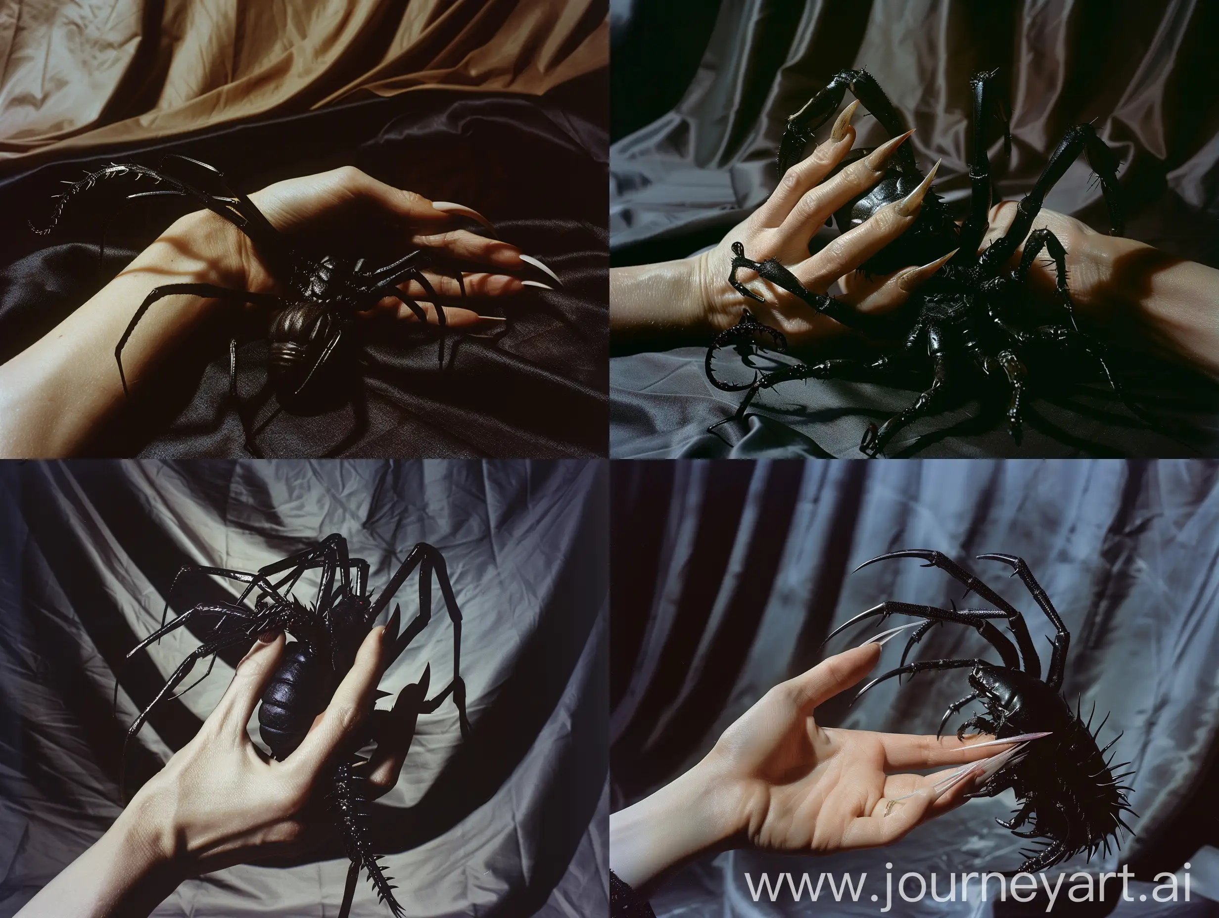 photograph in the style of analog medium format photography showing a black Amblypygid entangled with an elegant female hand with extremely long and sharp fingernails, dark draped studio background, soft toplight, uplight, hasselblad,80mm len