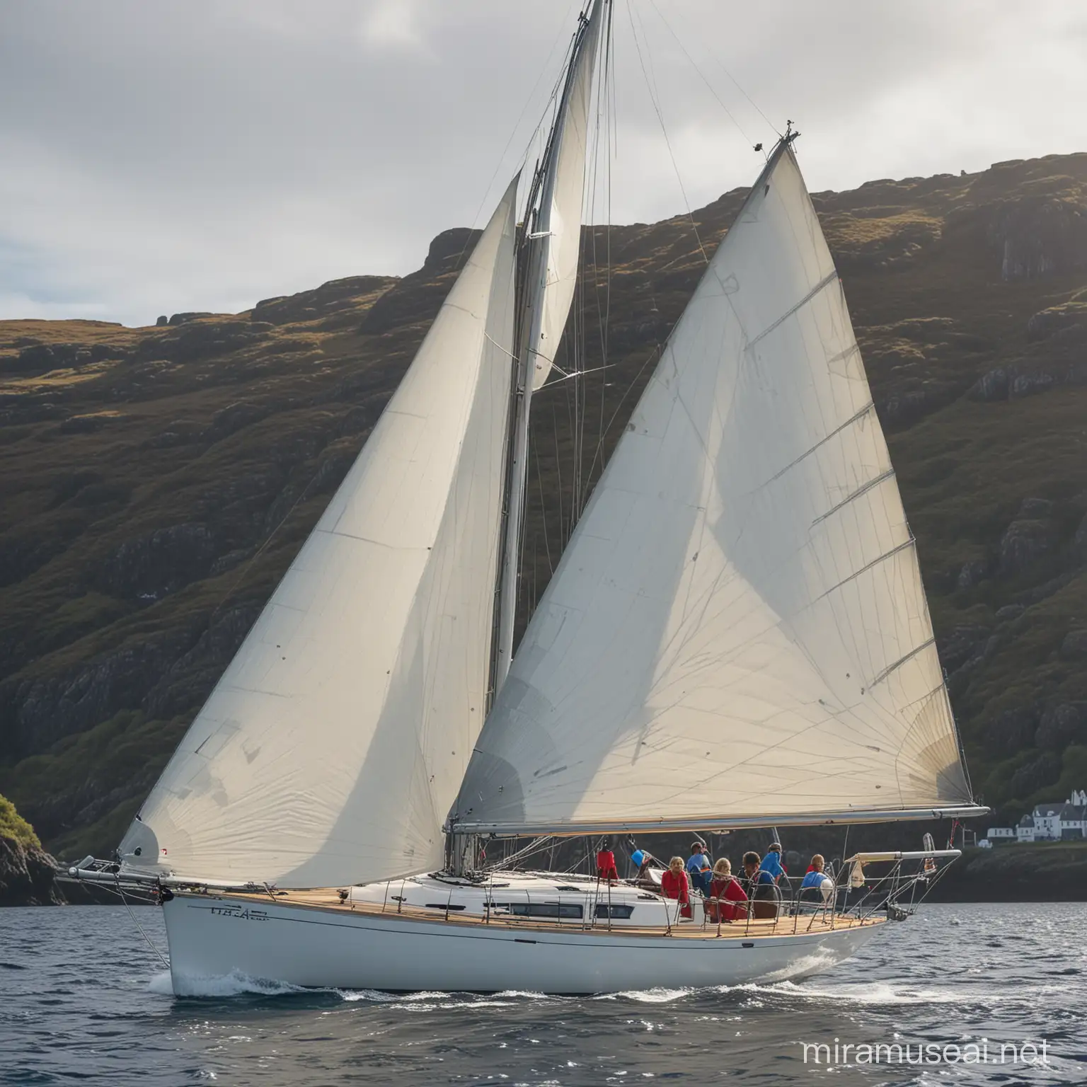 Sailing yacht, type Etap28, under full sail, at sea, blond girl at the rudder, in the Portree harbour scotland