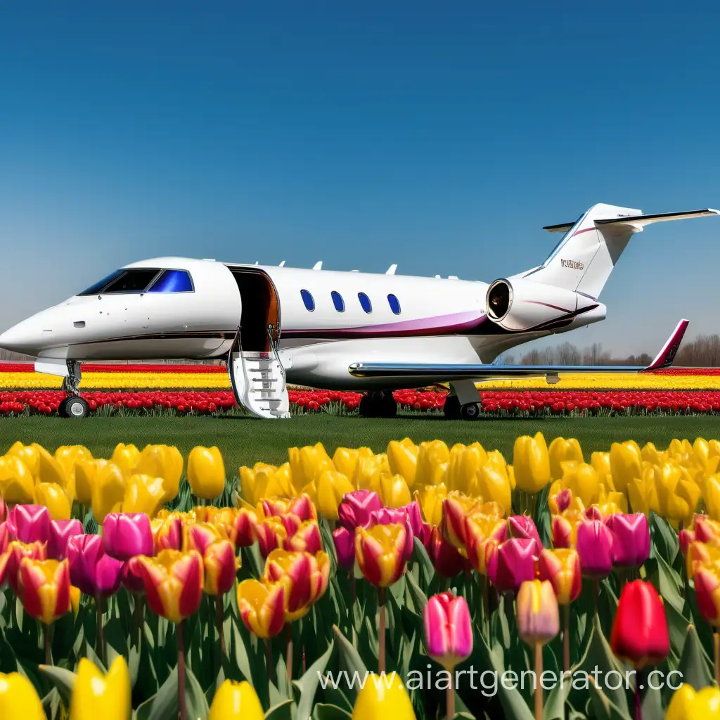 Colorful-Tulip-Field-Surrounds-Business-Jet-with-Pilot-Holding-Yellow-Flowers
