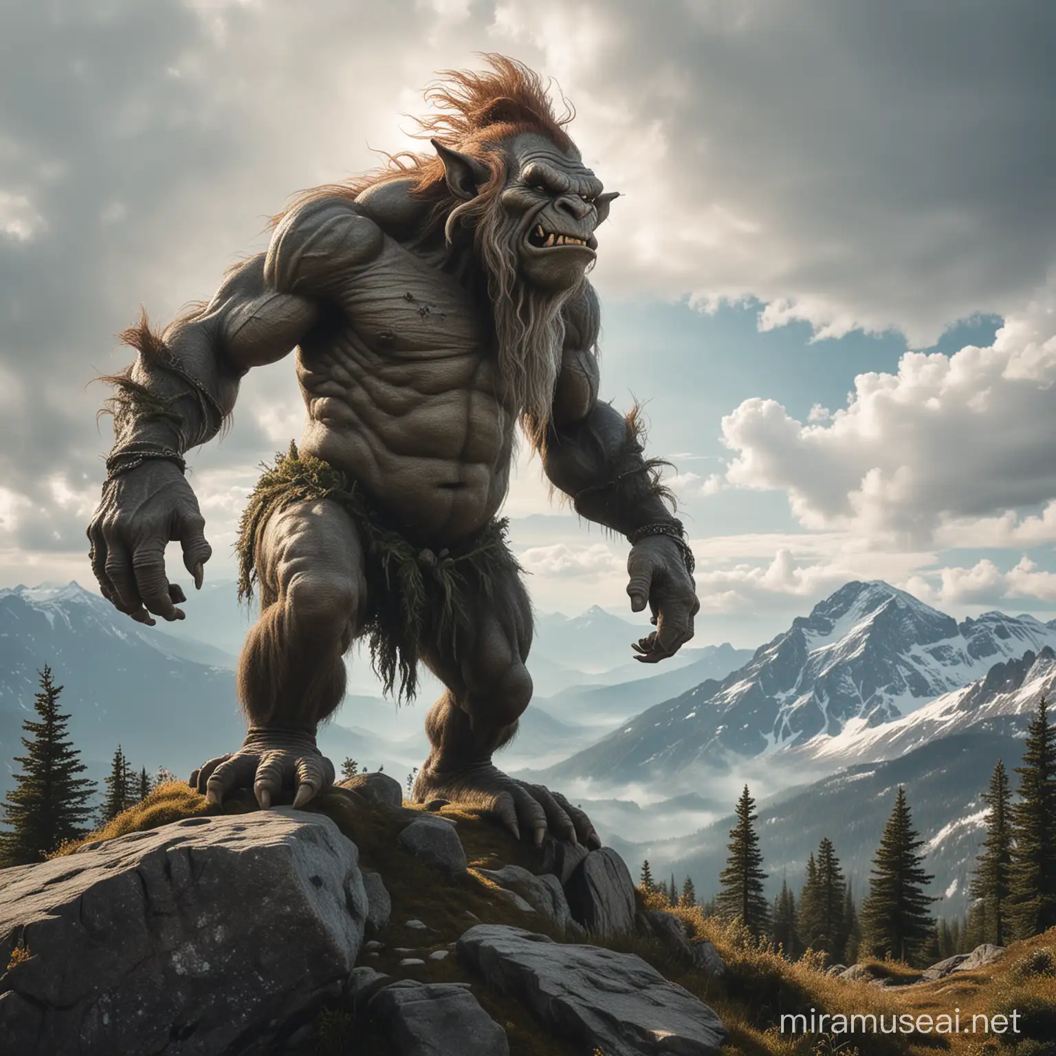 a large troll bigger than the trees and standing on top of a mountain looking at the view