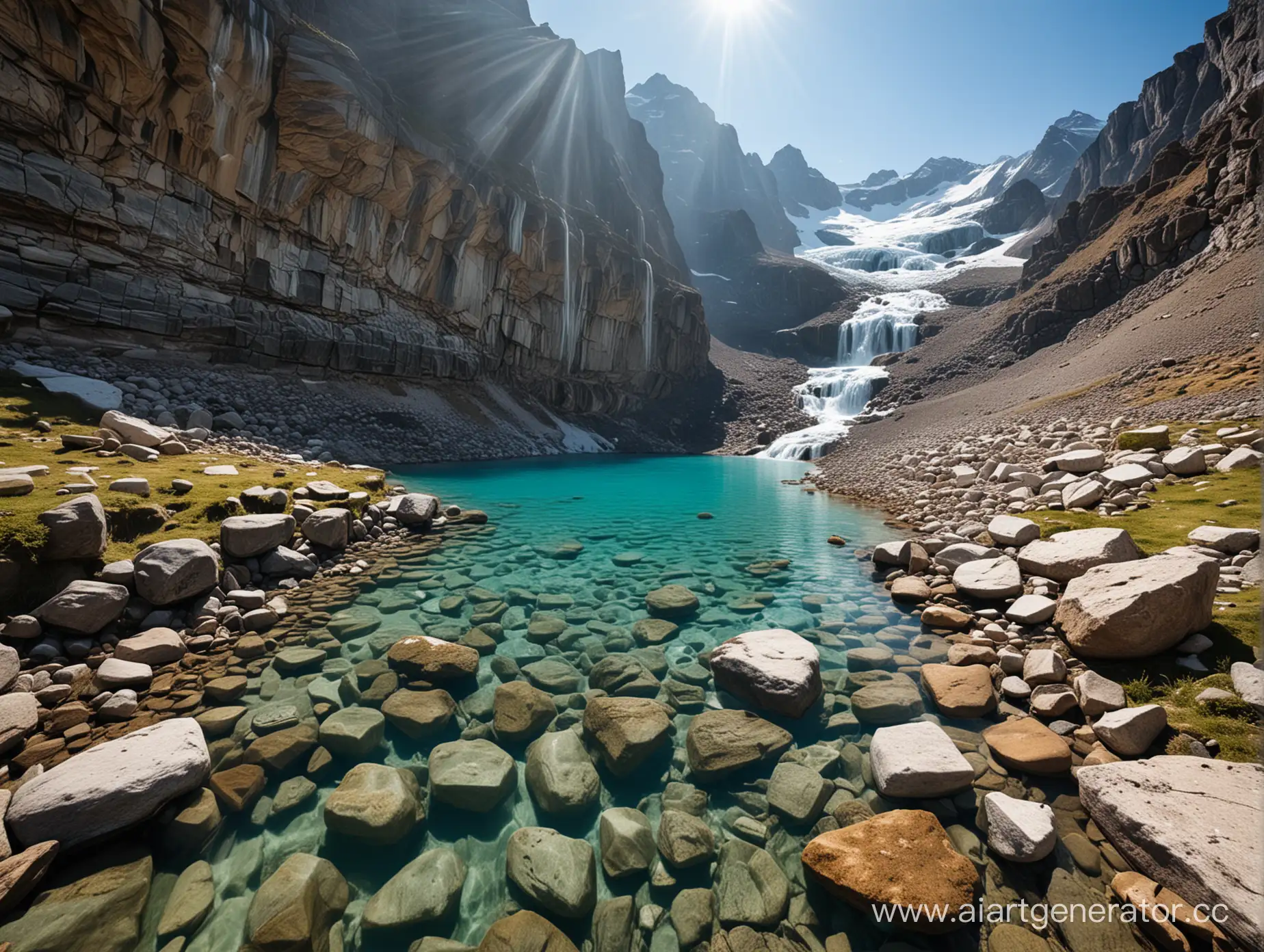Crystal-Clear-Mountain-Spring-Emerging-from-Glacier-Amidst-Stony-Surroundings