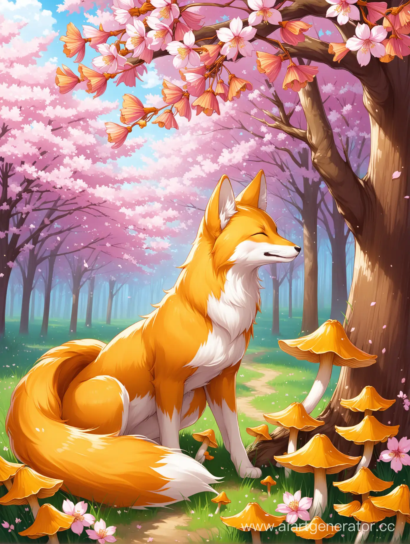 kitsune, sakura, nature, chanterelle