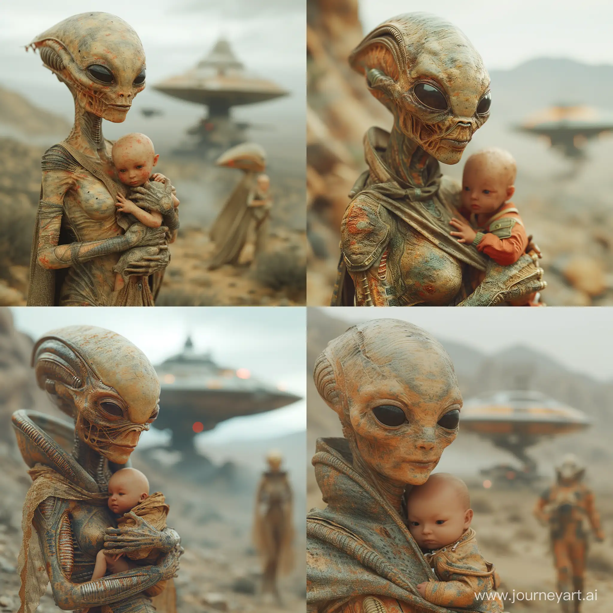 realistic portrait of alien carrying a human baby with love in desert and a spaceship in the background with fog deph of field hyper realistic --stylize 750 --v 6