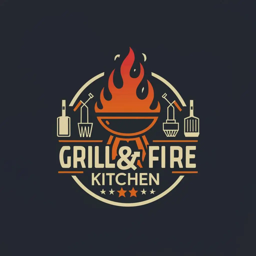 logo, bbq grill and fire, with the text "Grill & Fire Kitchen", typography