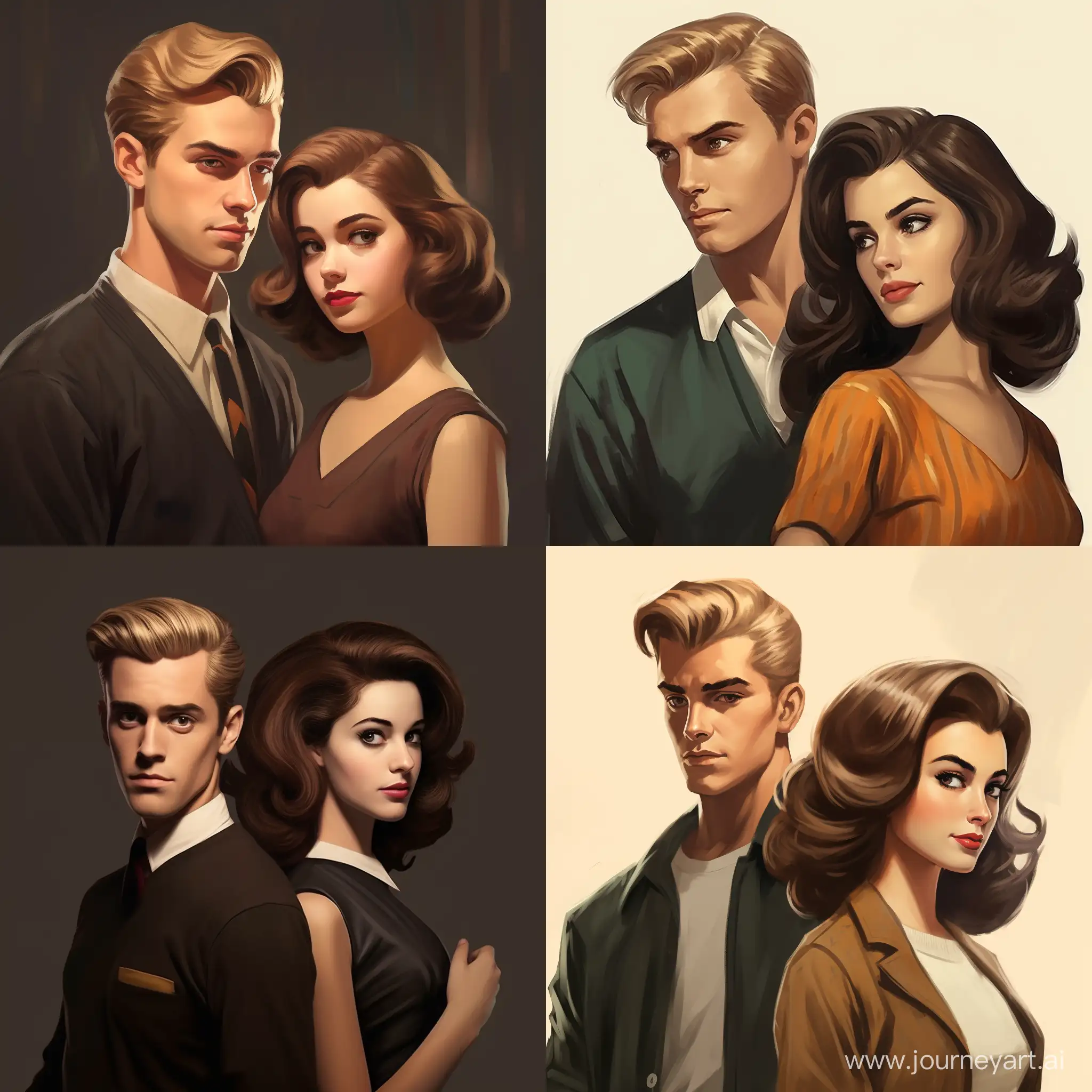 Draco Malfoy and Hermione Granger in the style of the 1960s. Hermione is a brunette!
