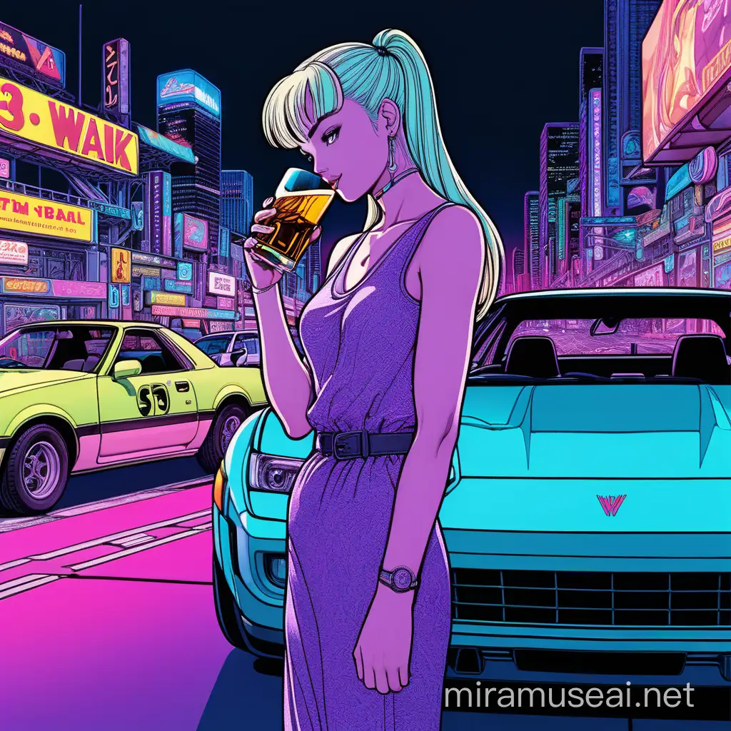 an image of a woman standing in front of a car drinking from a bottle of whiskey, cyberpunk comic cover, webtoons, framed art, inspired by Hiroshi Nagai, blurred distant background, Widowmaker's ex-lover, portrait of Kim Petras, environmental artist, panels comic, low emissions. neon background, area 3, race track [Vaporwave (SDXL)]
