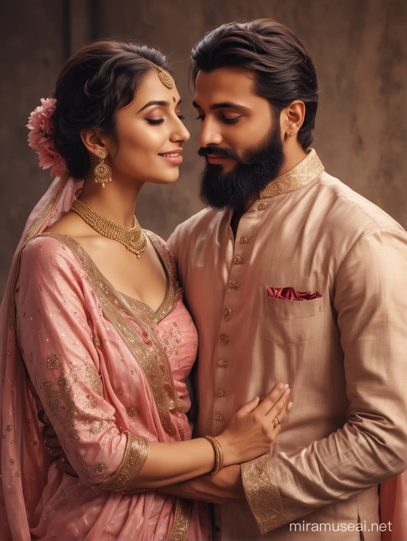 full portrait photo of most beautiful european couple as most beautiful indian couple, most beautiful girl in saree, full makeup, girl embracing man with emotional attachment, excitement and reunited expression, man with stylish beard and in formals, photo realistic, 4k.