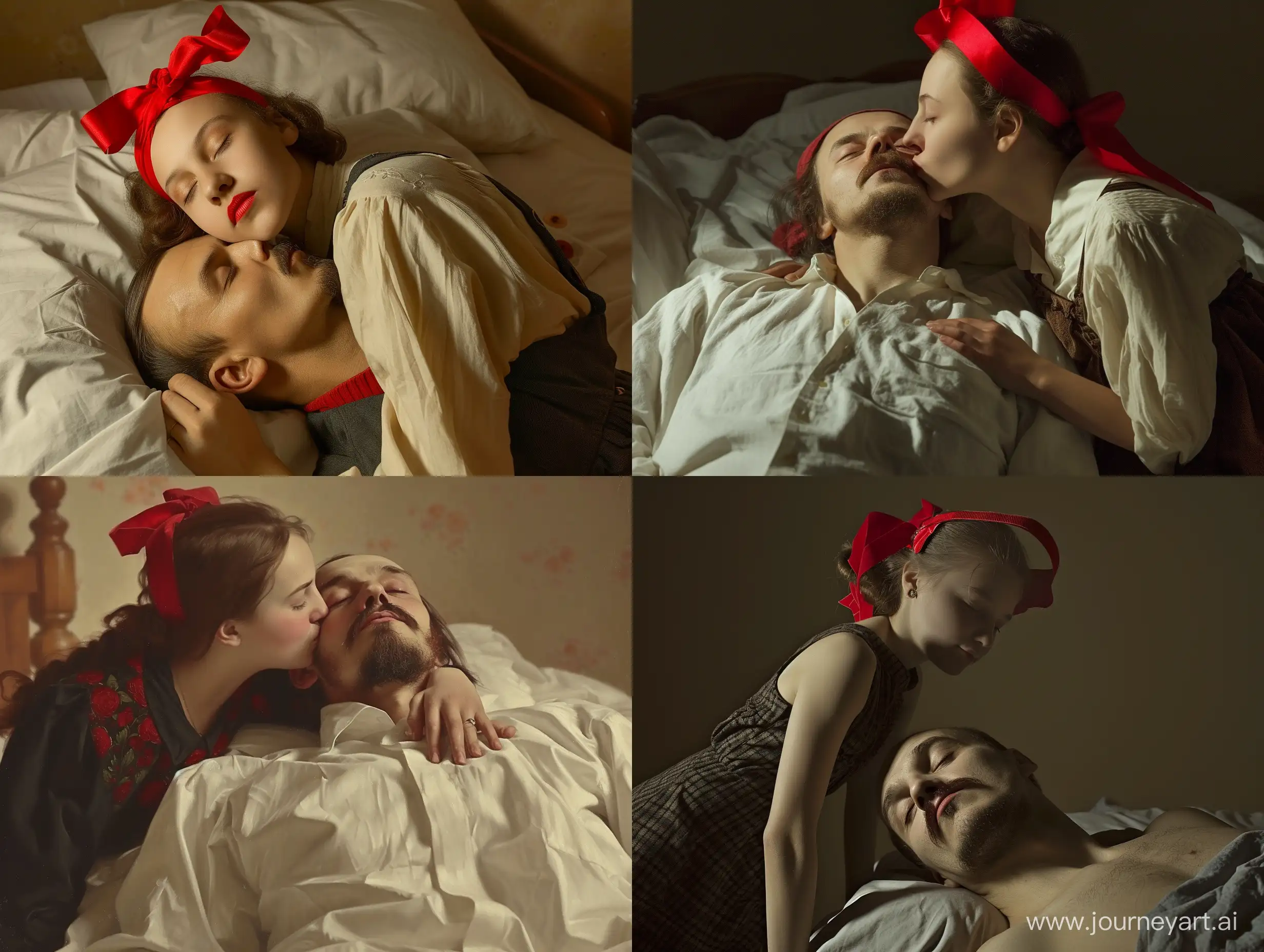 A beautiful girl with a red ribbon on her head, looking from above, kisses the lips of sleeping comrade Vladimir Lenin, who is lying on the bed. --v 6 --ar 4:3 --no 95449